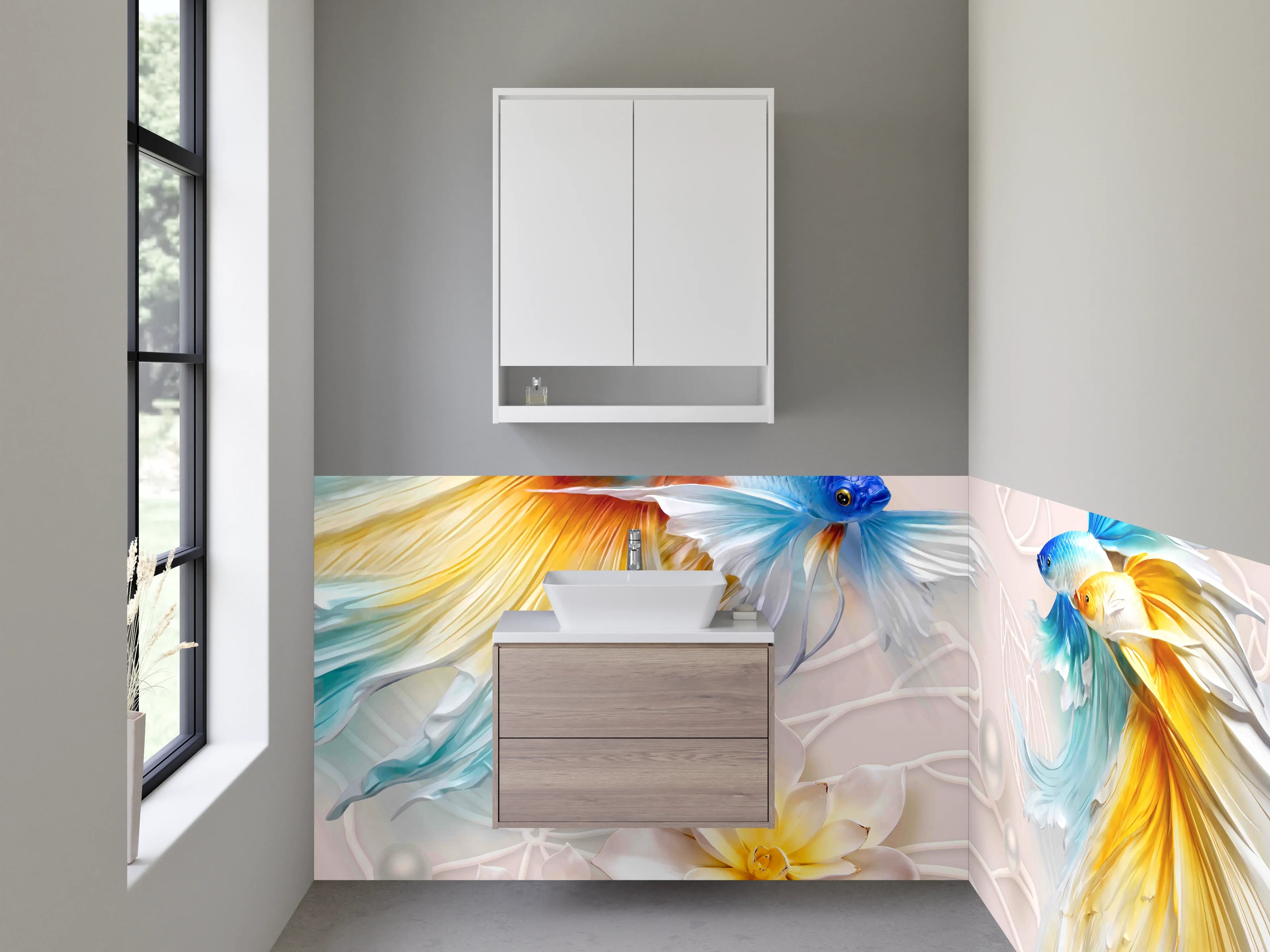 Waschbecken-Rückwand - Elegante Koi-Fische mit Blütenmotiv