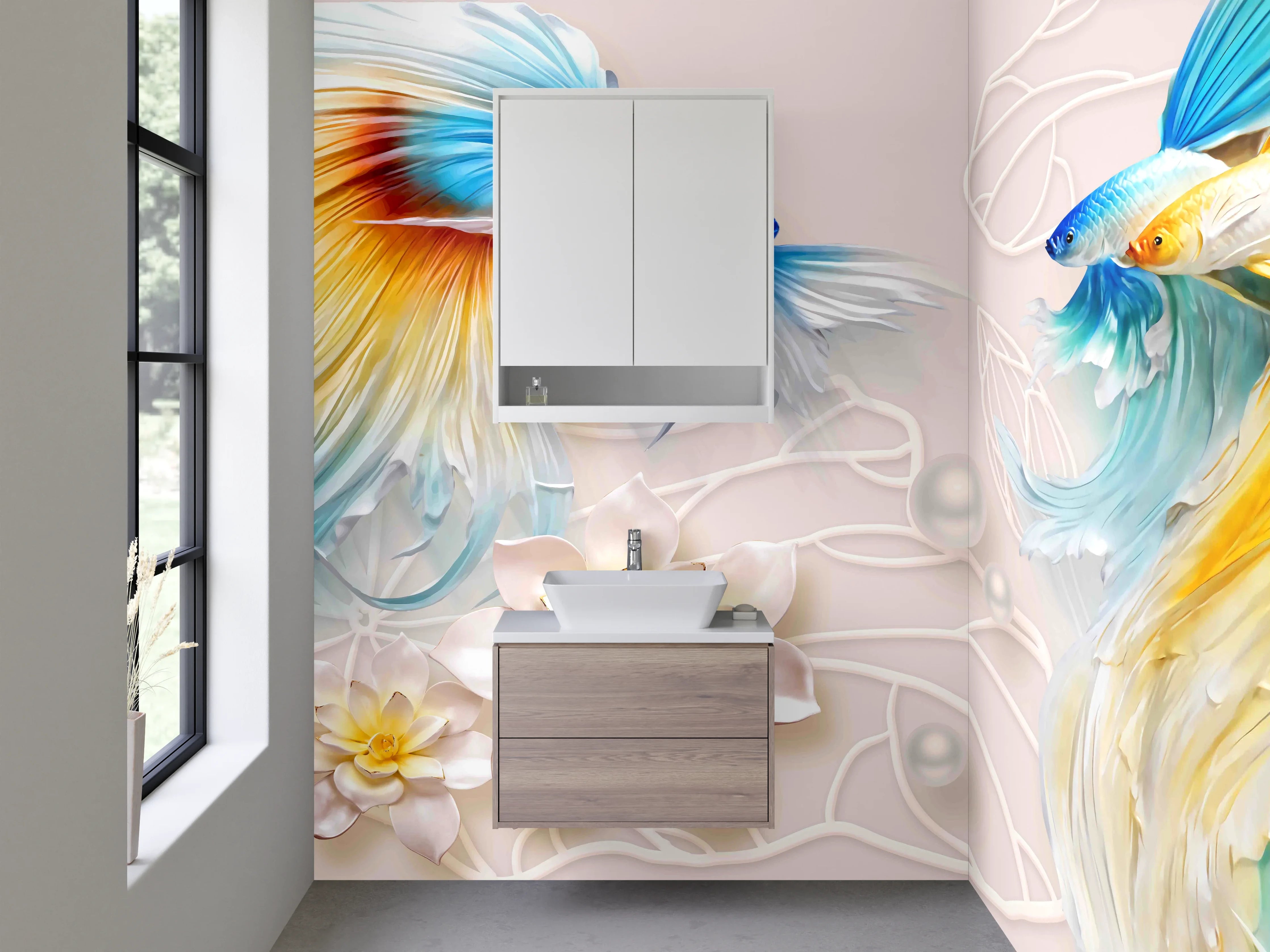 Waschbecken-Rückwand - Elegante Koi-Fische mit Blütenmotiv