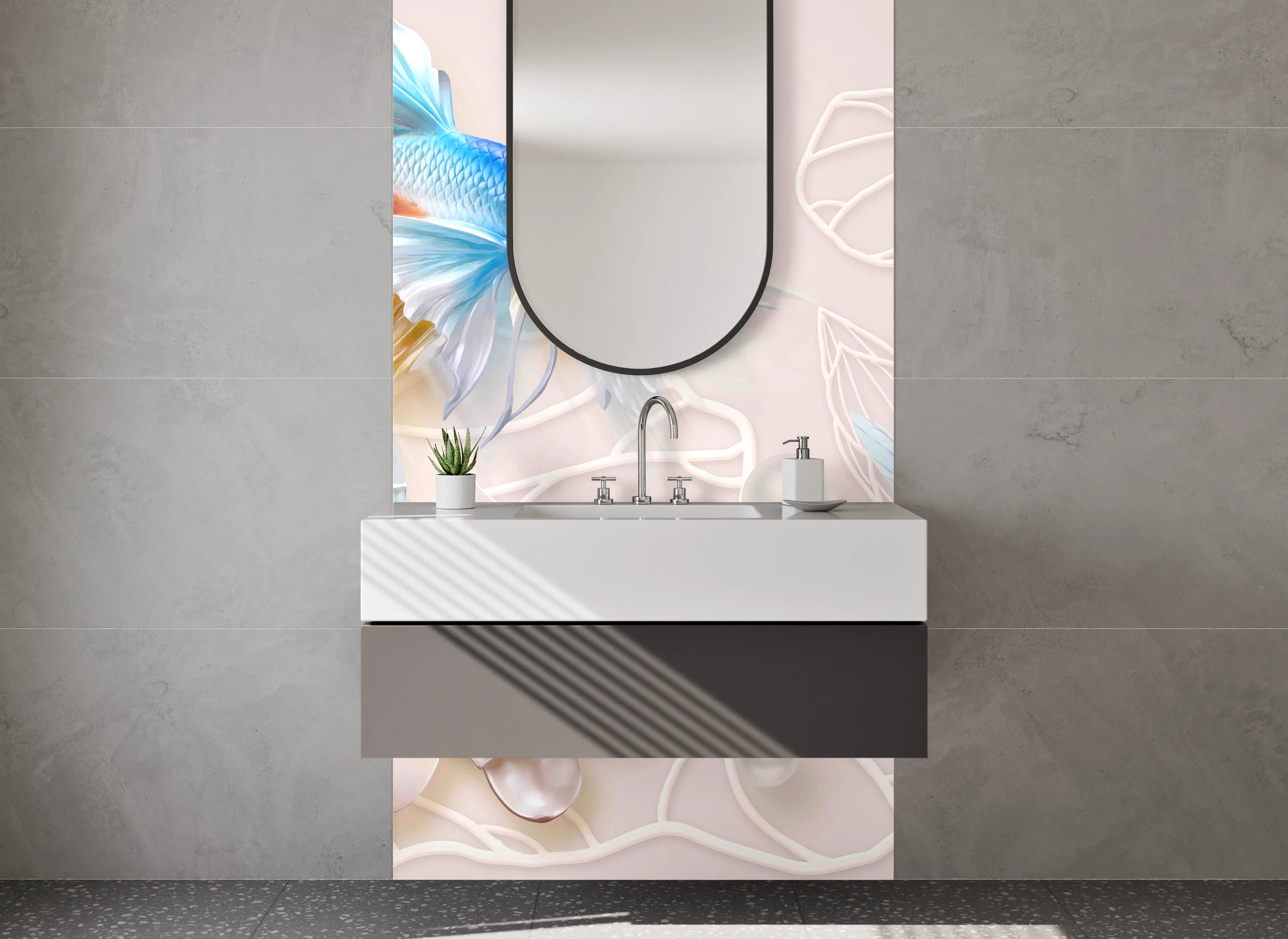 Waschbecken-Rückwand - Elegante Koi-Fische mit Blütenmotiv