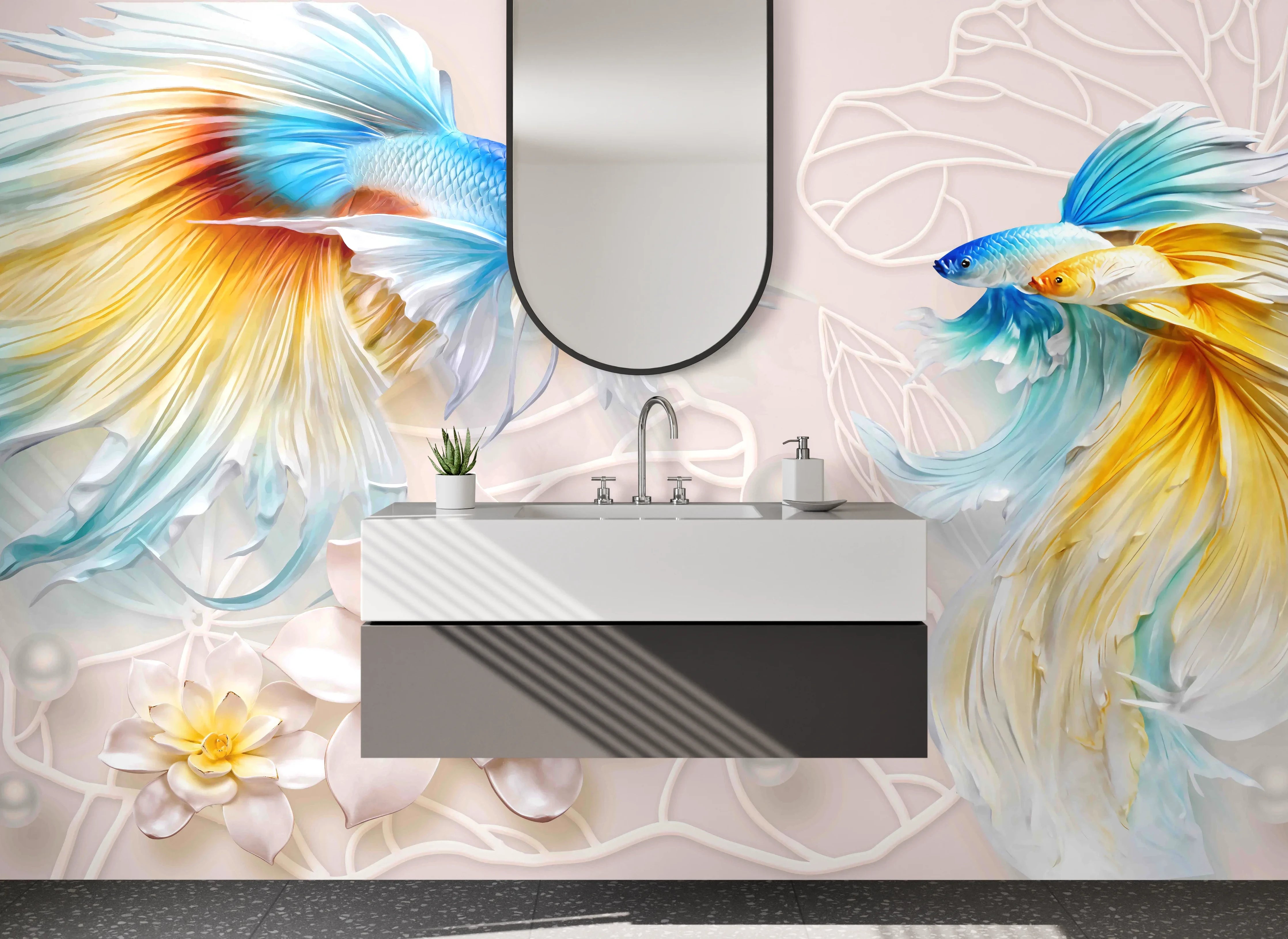 Waschbecken-Rückwand - Elegante Koi-Fische mit Blütenmotiv
