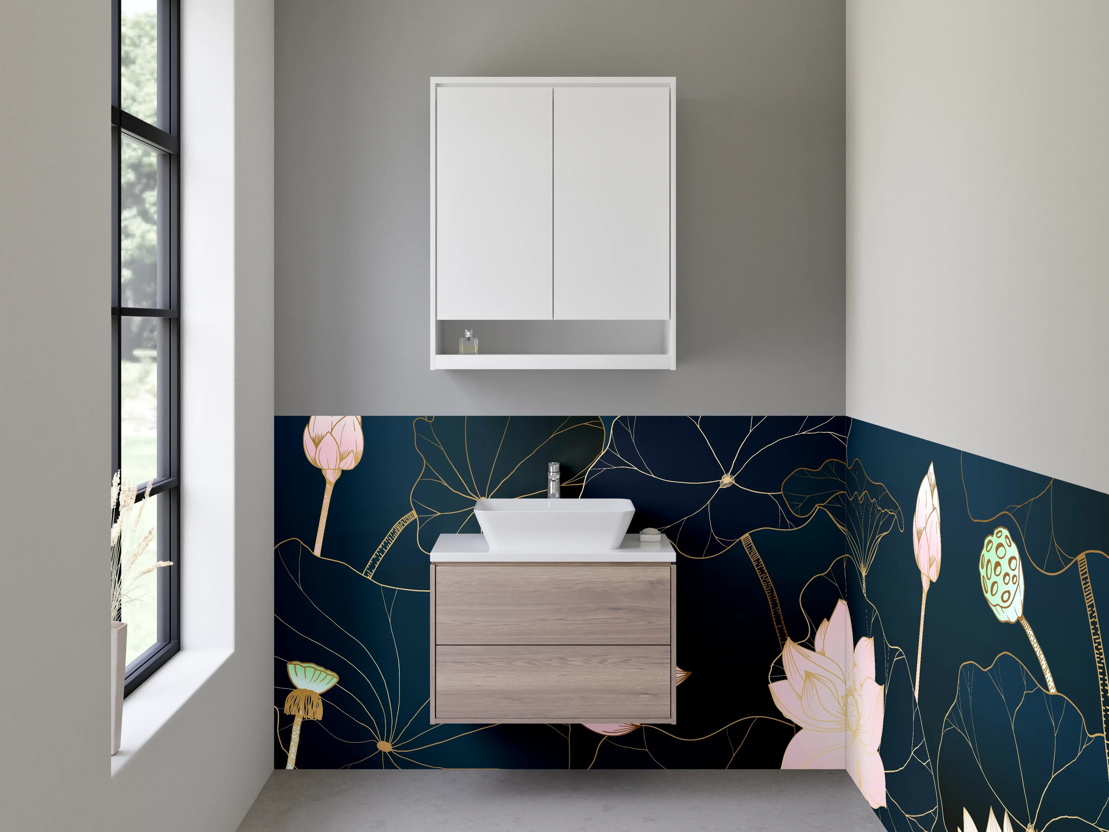 Waschbecken-Rückwand - Elegante Lotus Blumen Zeichnung Dunkelblau