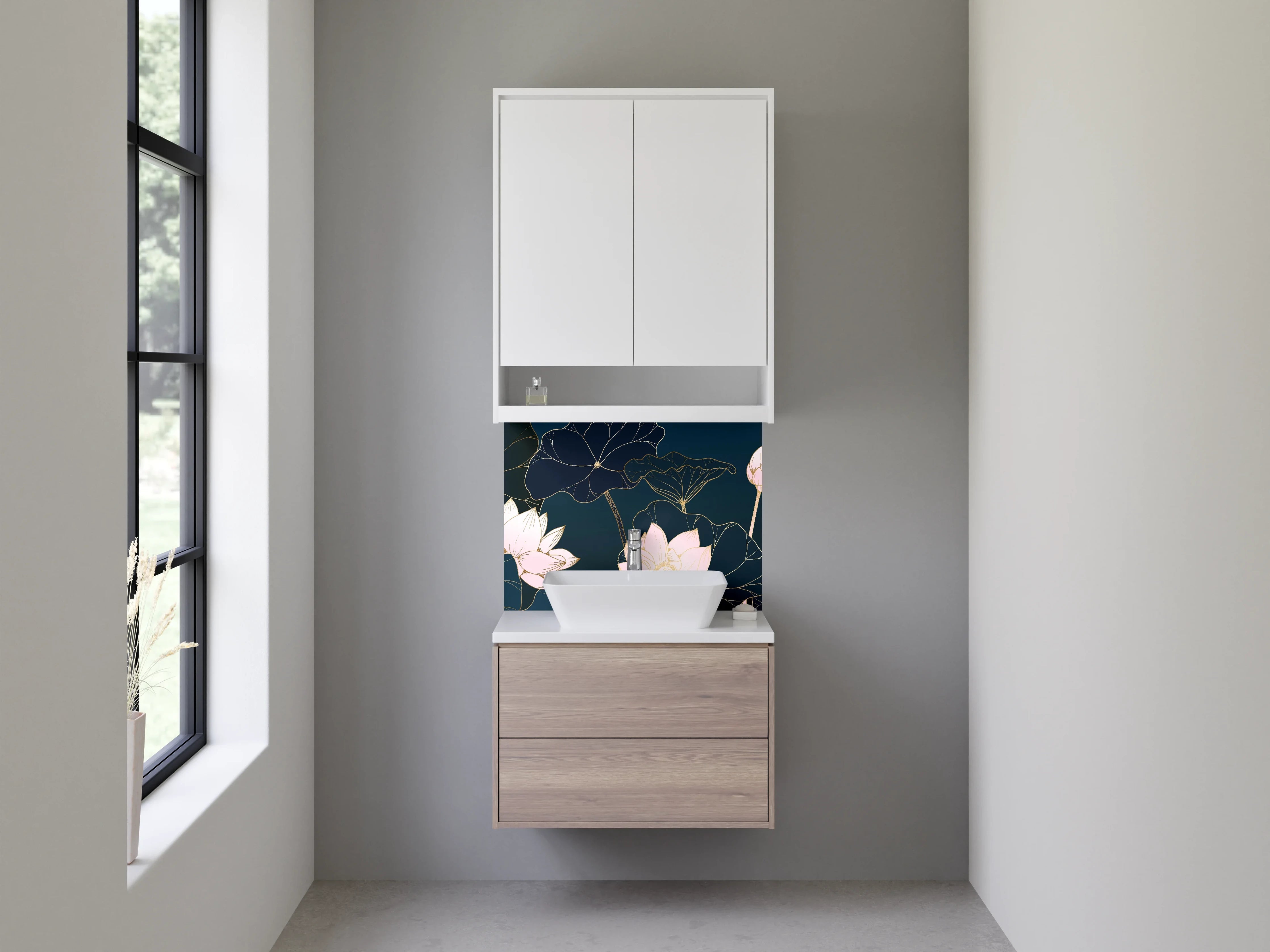 Waschbecken-Rückwand - Elegante Lotus Blumen Zeichnung Dunkelblau
