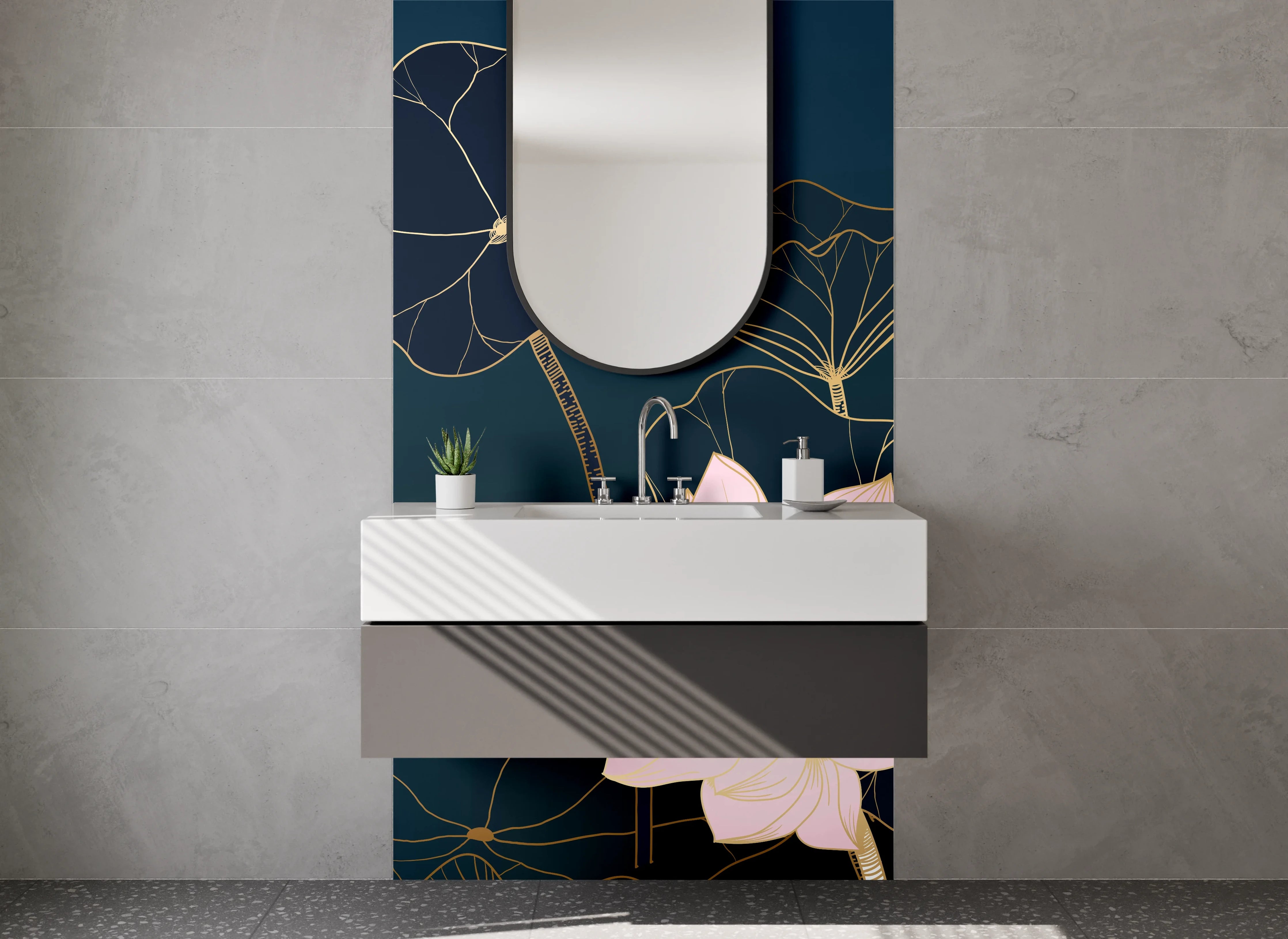 Waschbecken-Rückwand - Elegante Lotus Blumen Zeichnung Dunkelblau