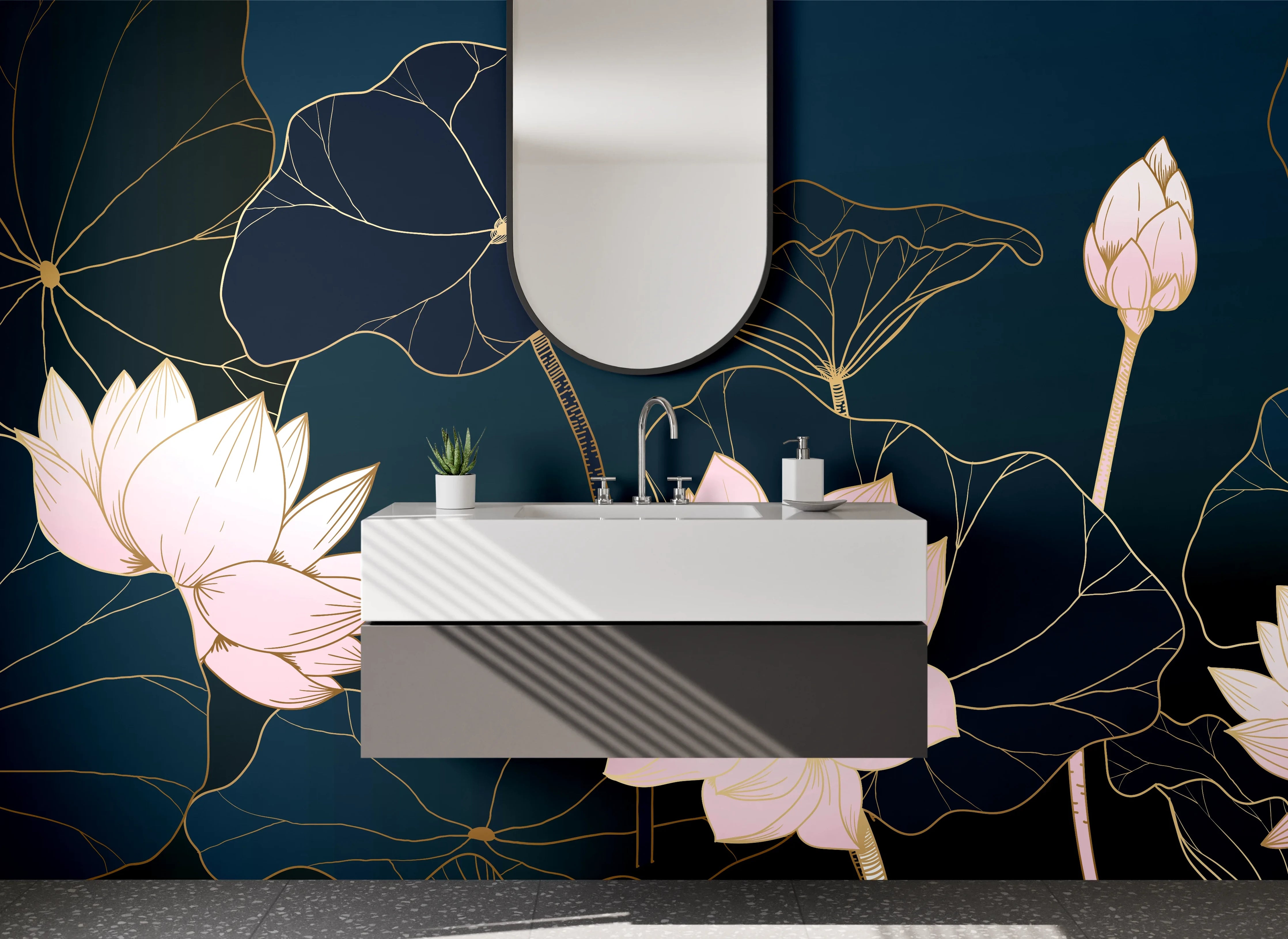 Waschbecken-Rückwand - Elegante Lotus Blumen Zeichnung Dunkelblau