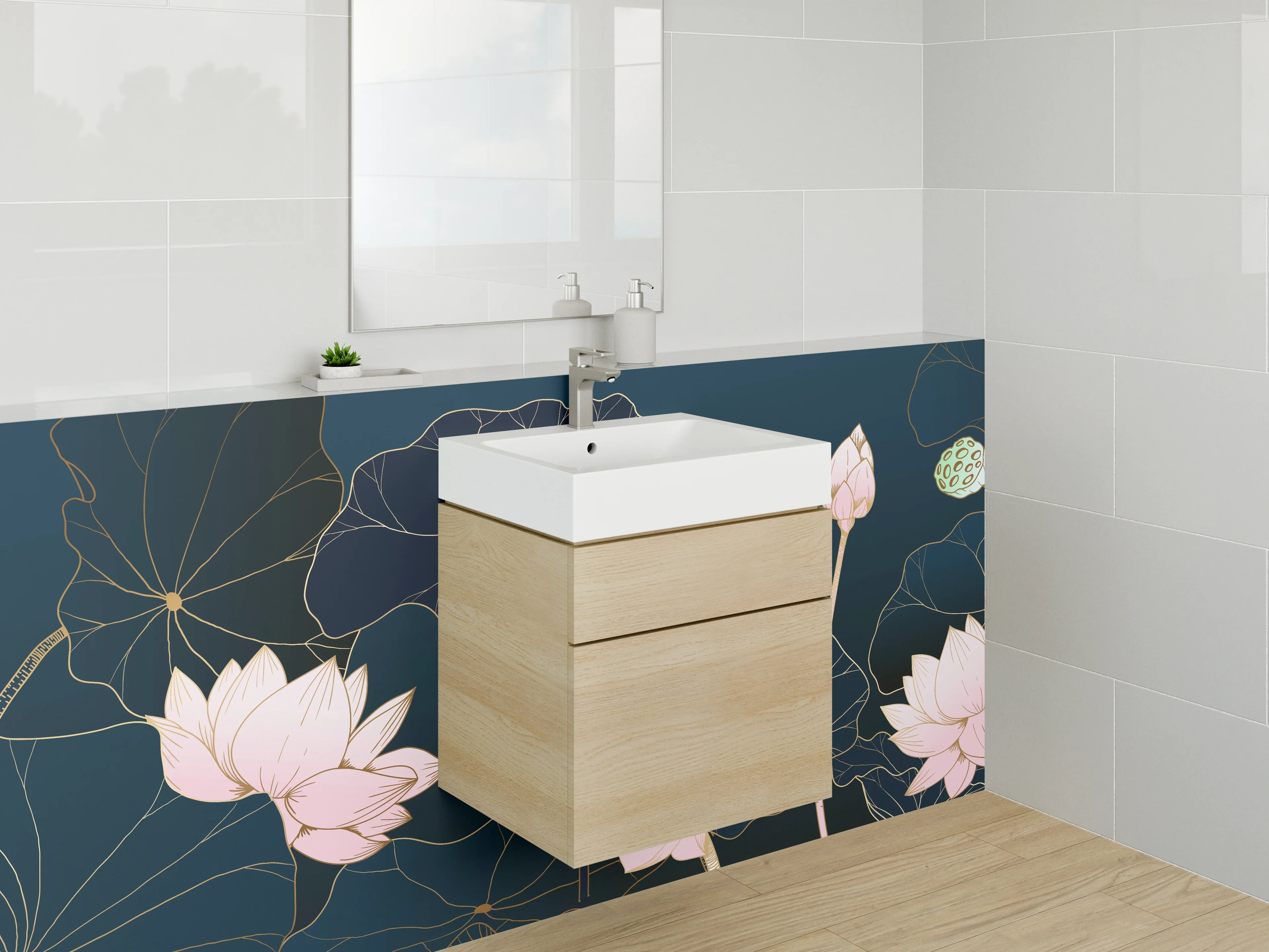 Waschbecken-Rückwand - Elegante Lotus Blumen Zeichnung Dunkelblau