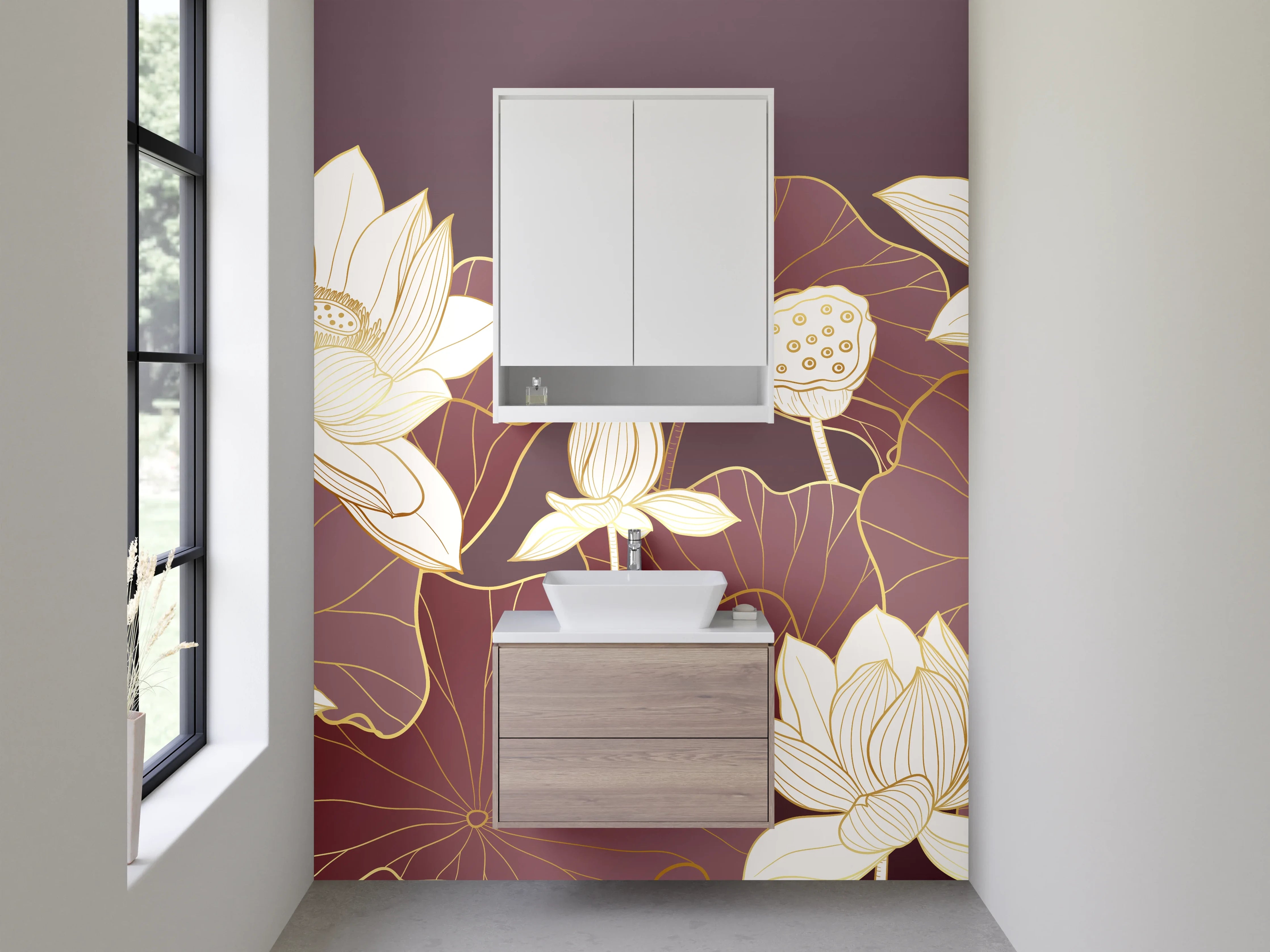 Waschbecken-Rückwand - Elegante Lotusblüten Illustration Beige-Braun