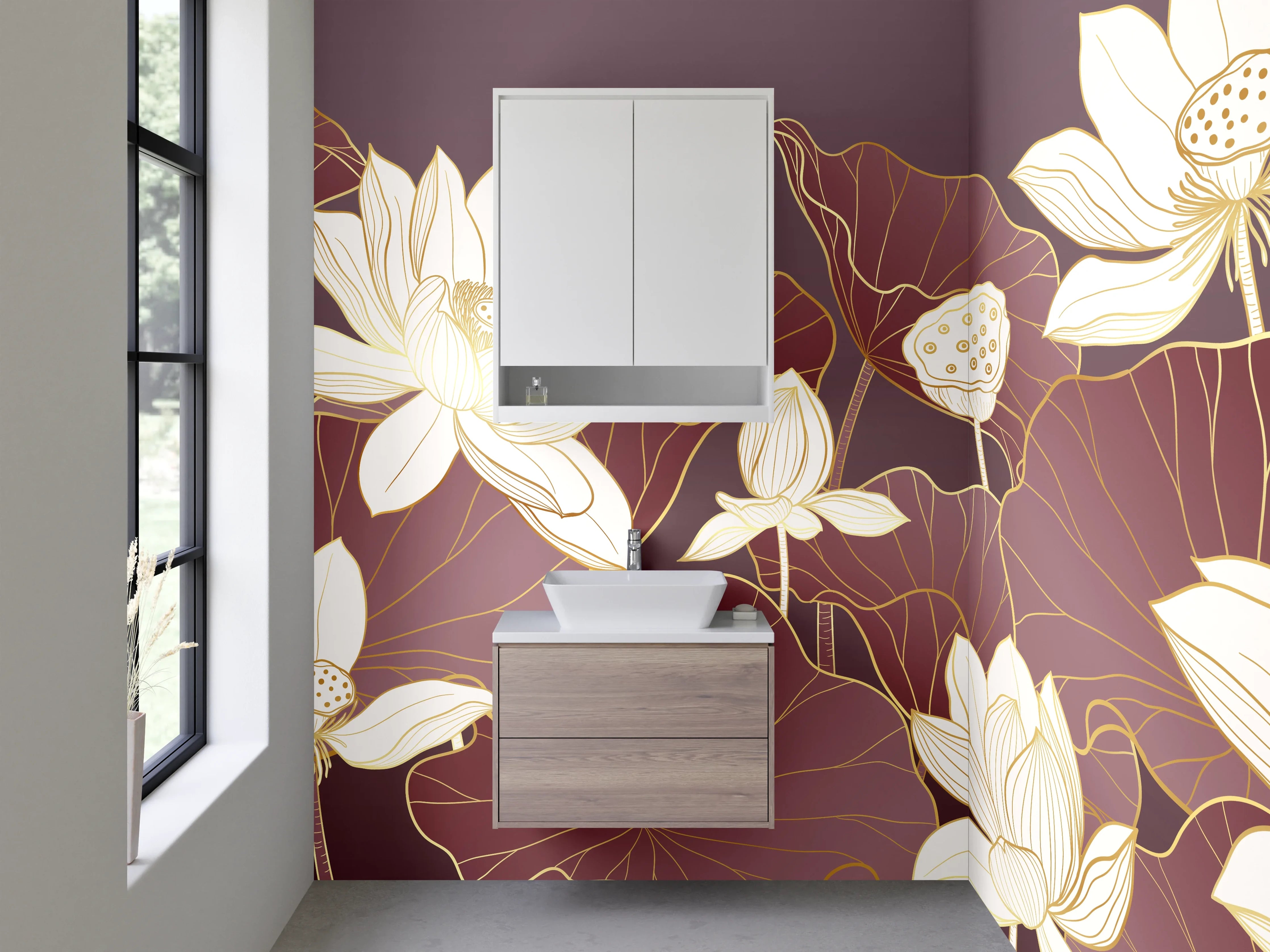 Waschbecken-Rückwand - Elegante Lotusblüten Illustration Beige-Braun