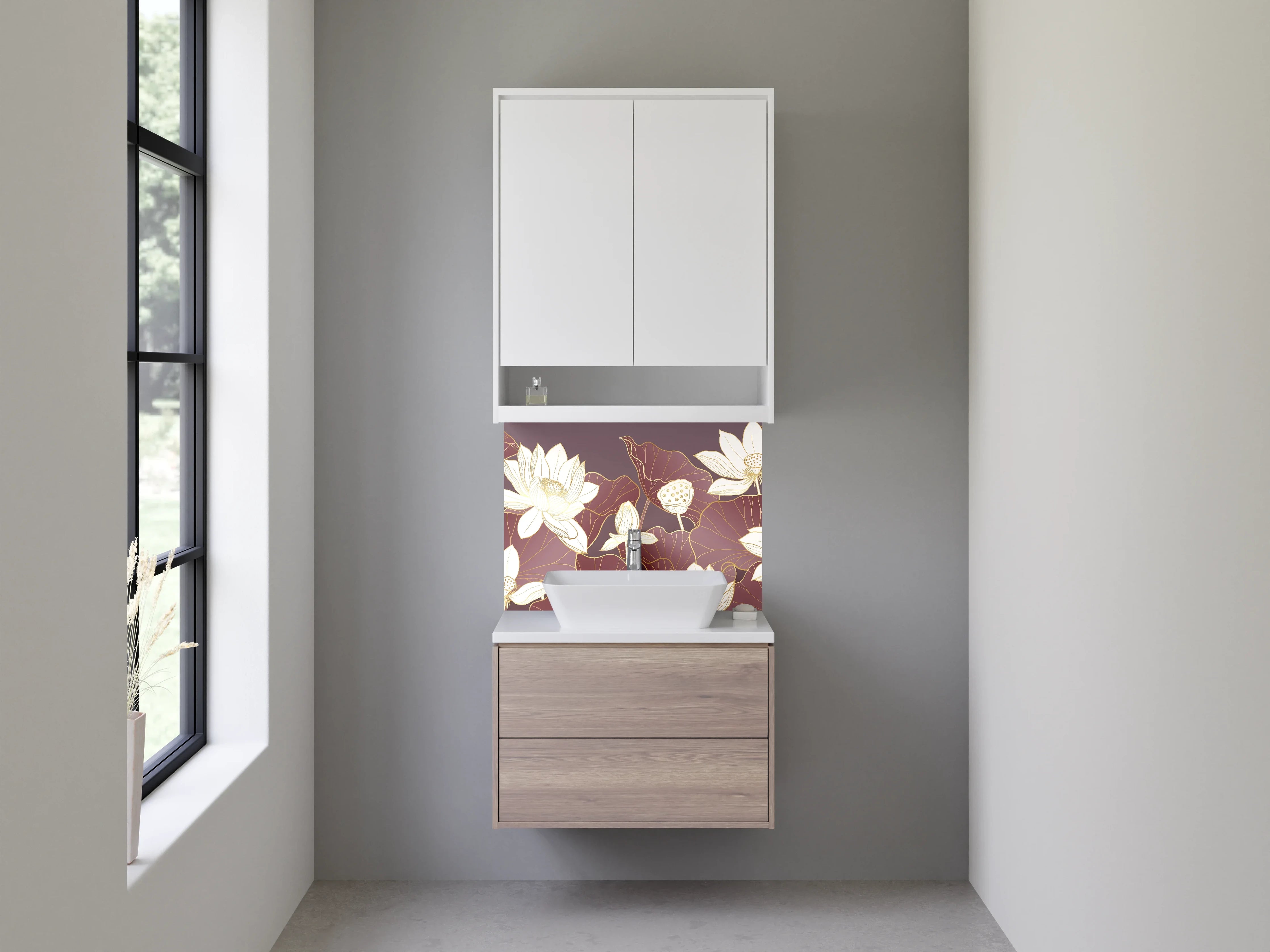 Waschbecken-Rückwand - Elegante Lotusblüten Illustration Beige-Braun