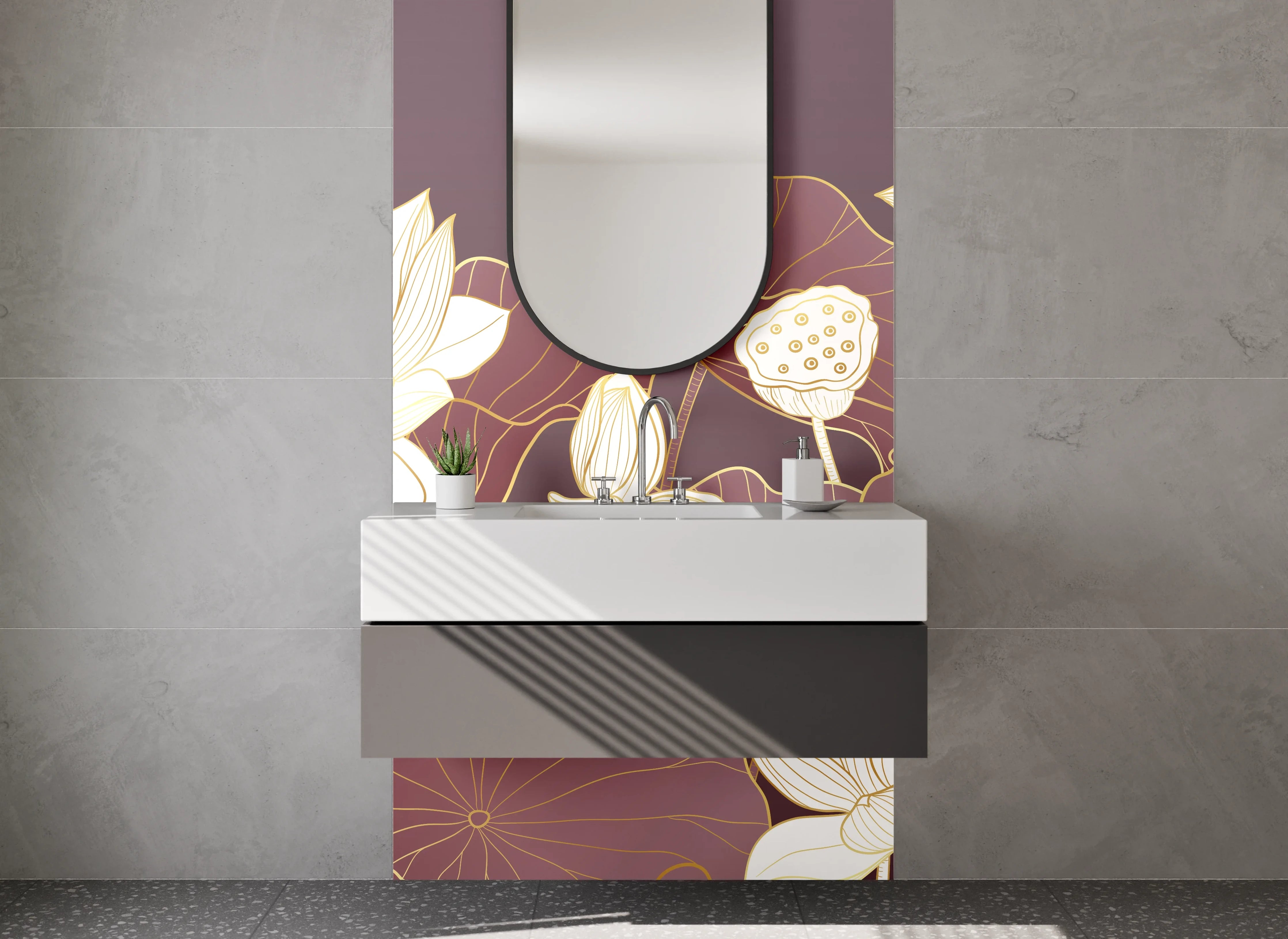 Waschbecken-Rückwand - Elegante Lotusblüten Illustration Beige-Braun