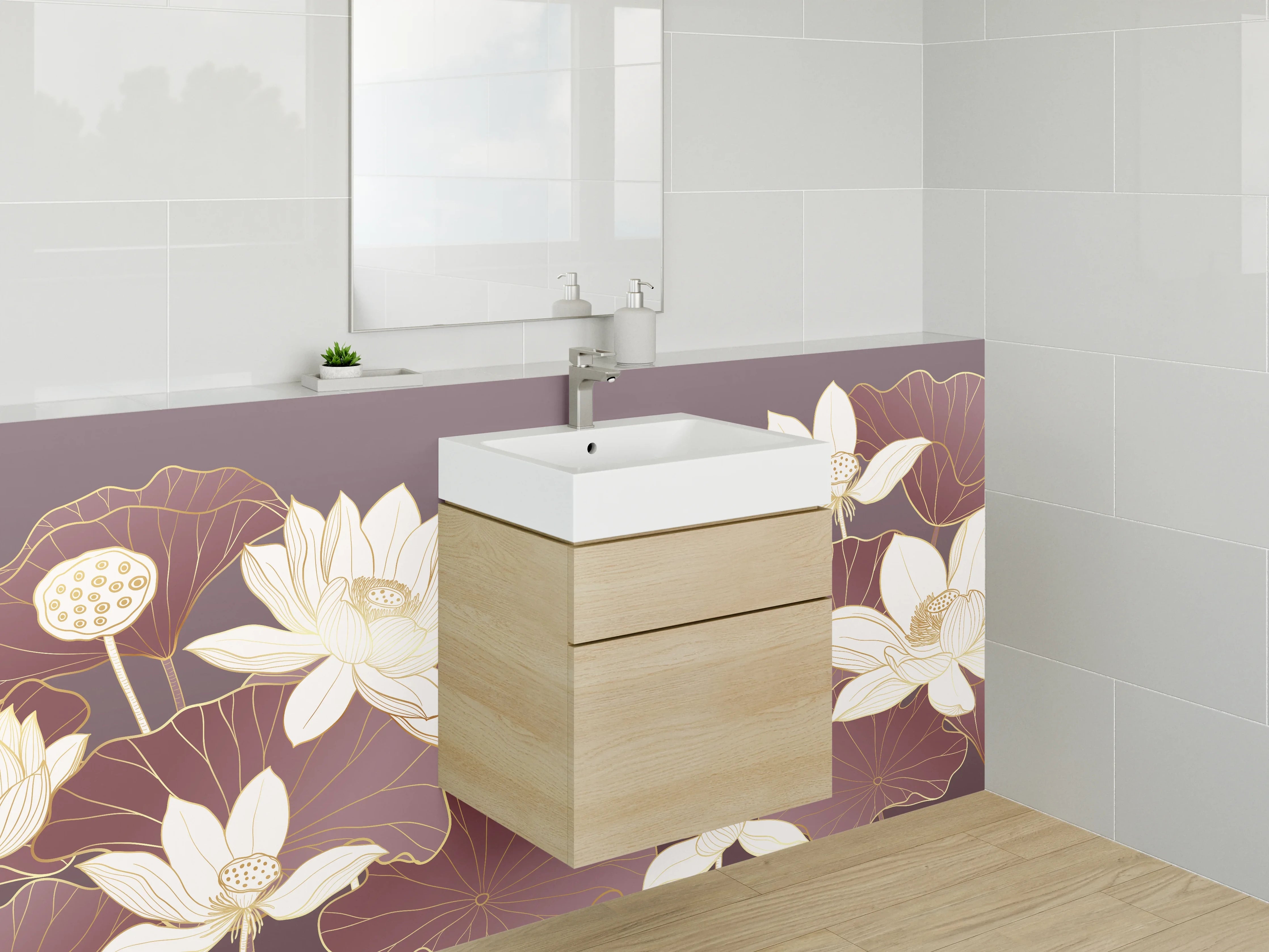 Waschbecken-Rückwand - Elegante Lotusblüten Illustration Beige-Braun