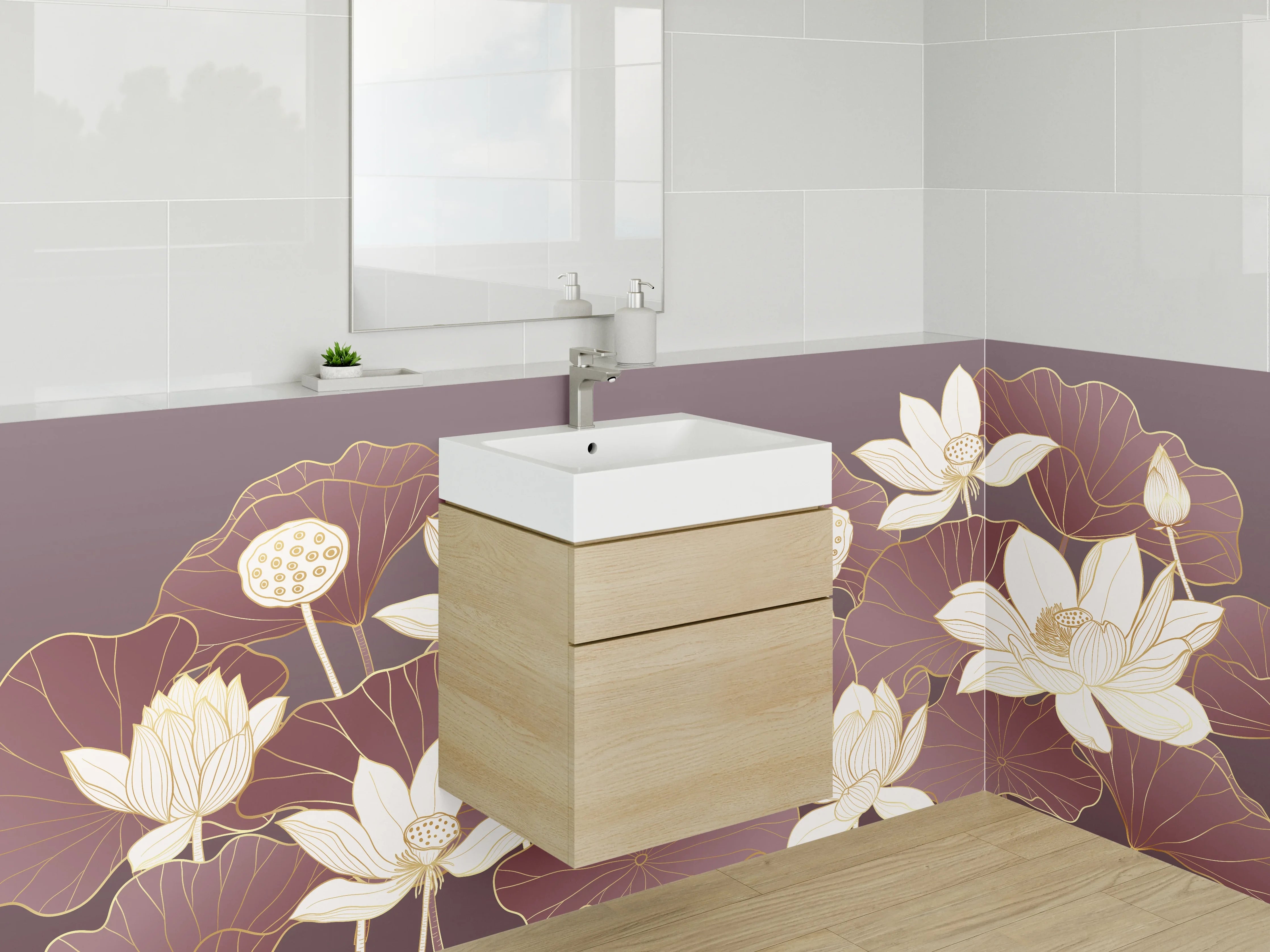 Waschbecken-Rückwand - Elegante Lotusblüten Illustration Beige-Braun