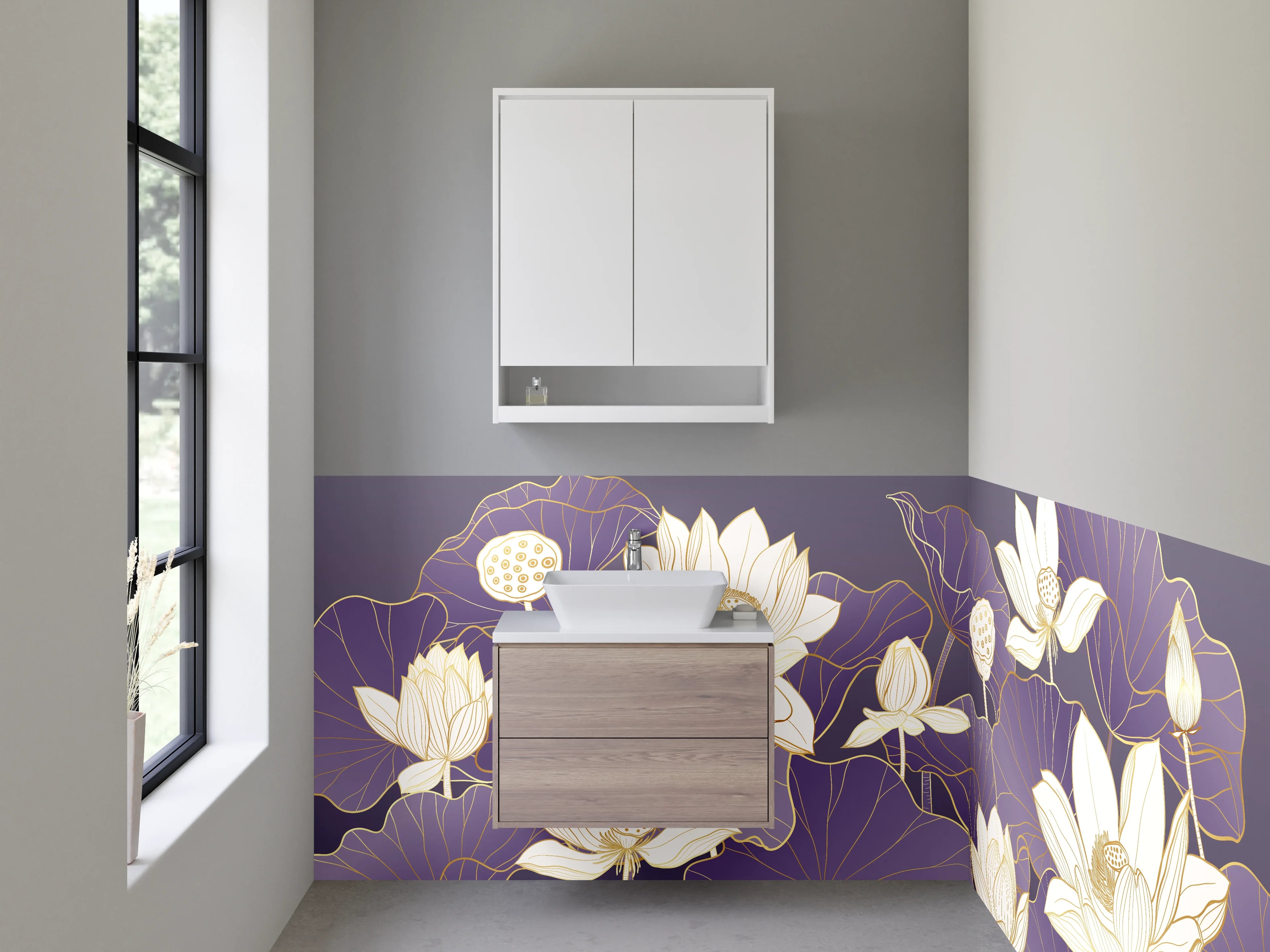 Waschbecken-Rückwand - Elegante Lotusblüten Kunst Lila Gold