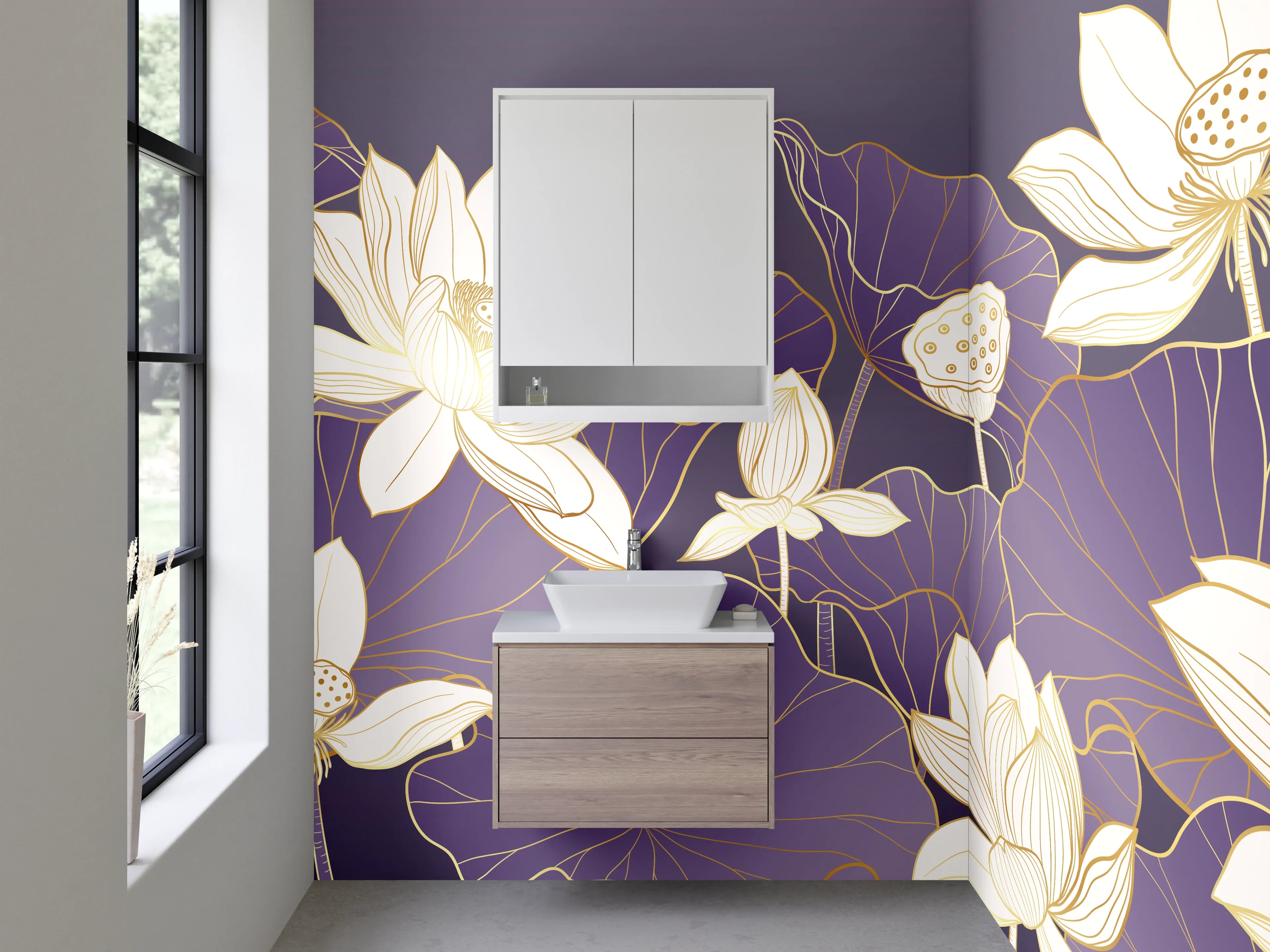 Waschbecken-Rückwand - Elegante Lotusblüten Kunst Lila Gold