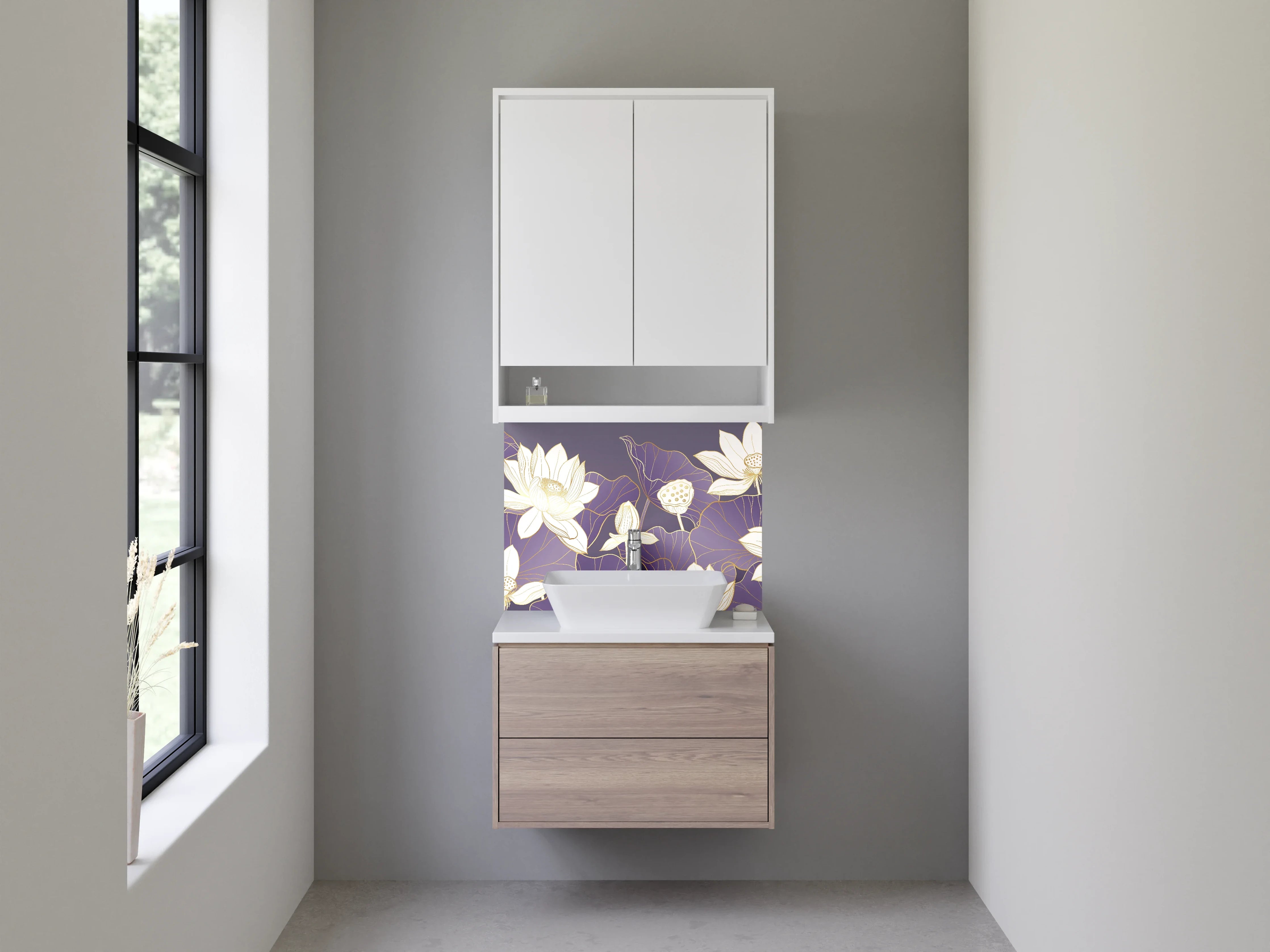 Waschbecken-Rückwand - Elegante Lotusblüten Kunst Lila Gold