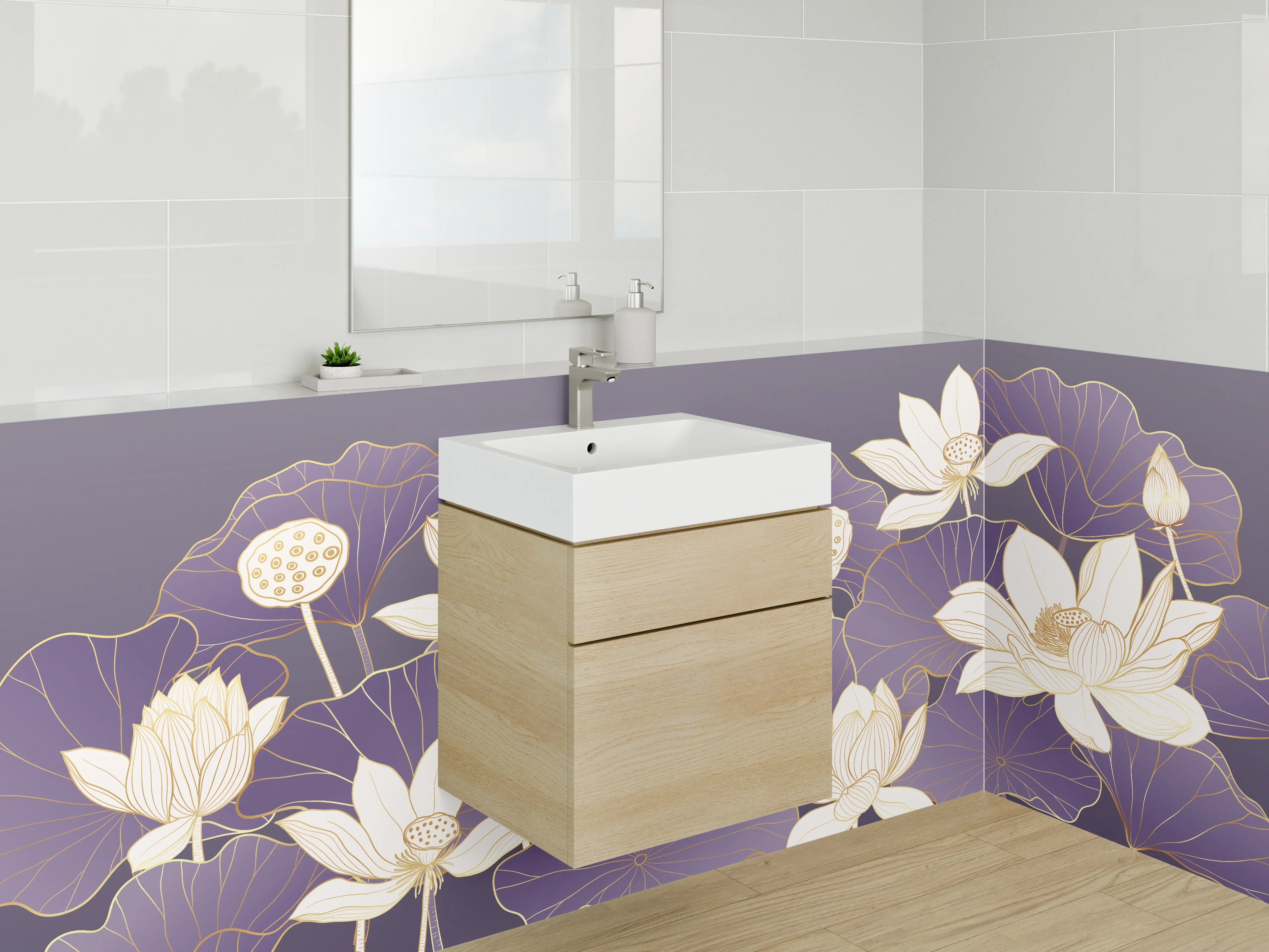 Waschbecken-Rückwand - Elegante Lotusblüten Kunst Lila Gold