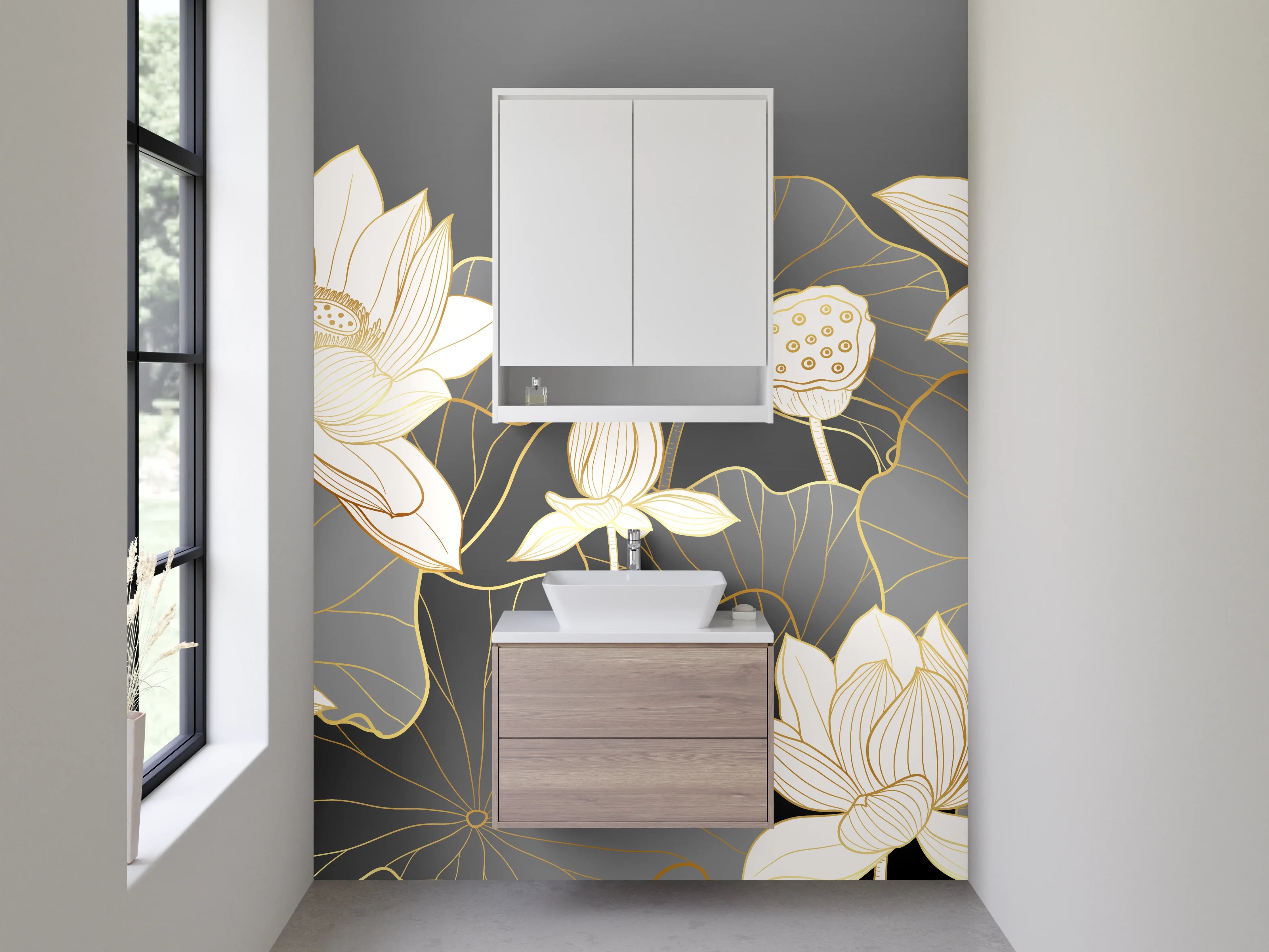 Waschbecken-Rückwand - Elegante Lotusblüten auf dunklem Hintergrund