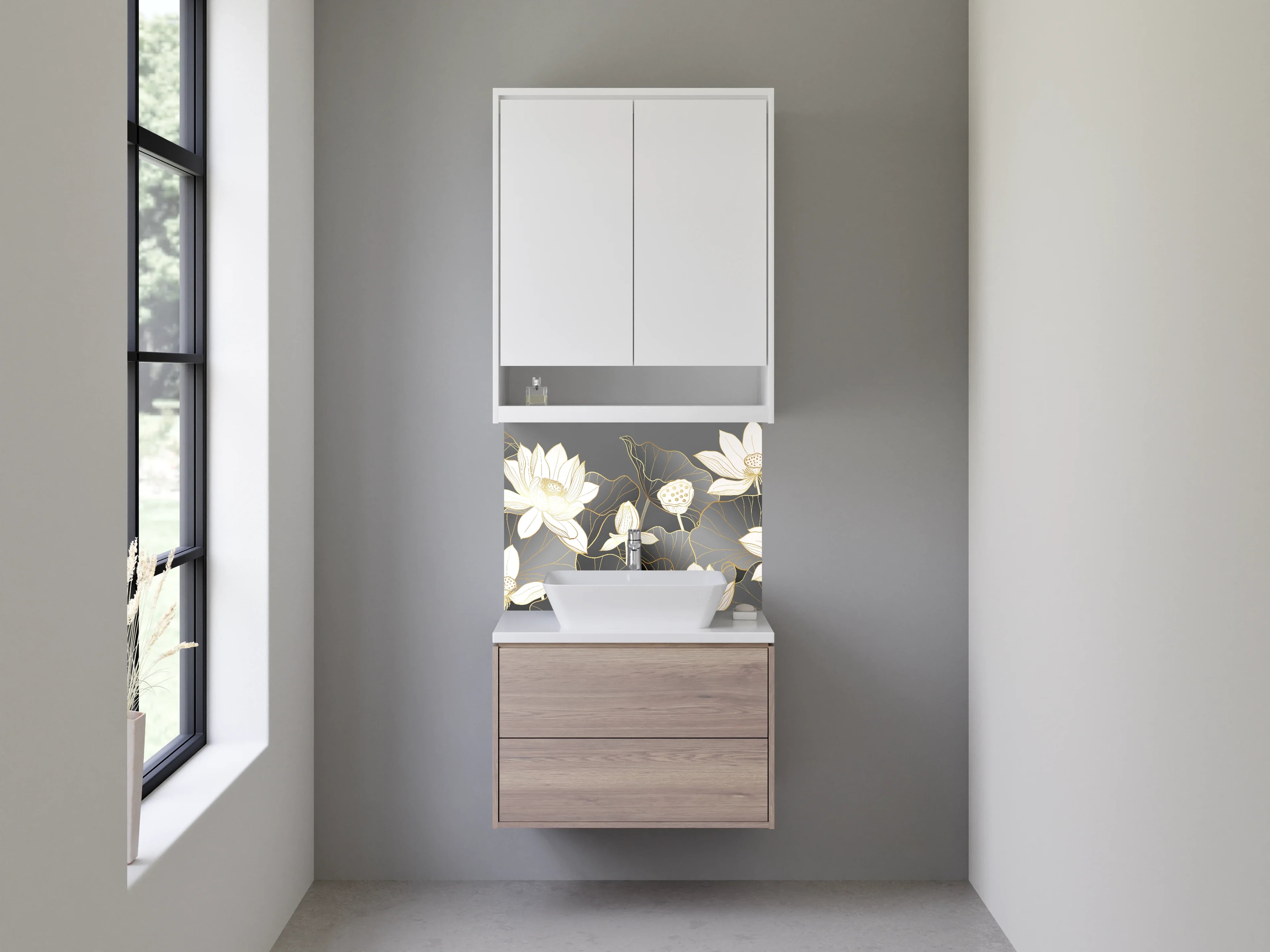Waschbecken-Rückwand - Elegante Lotusblüten auf dunklem Hintergrund