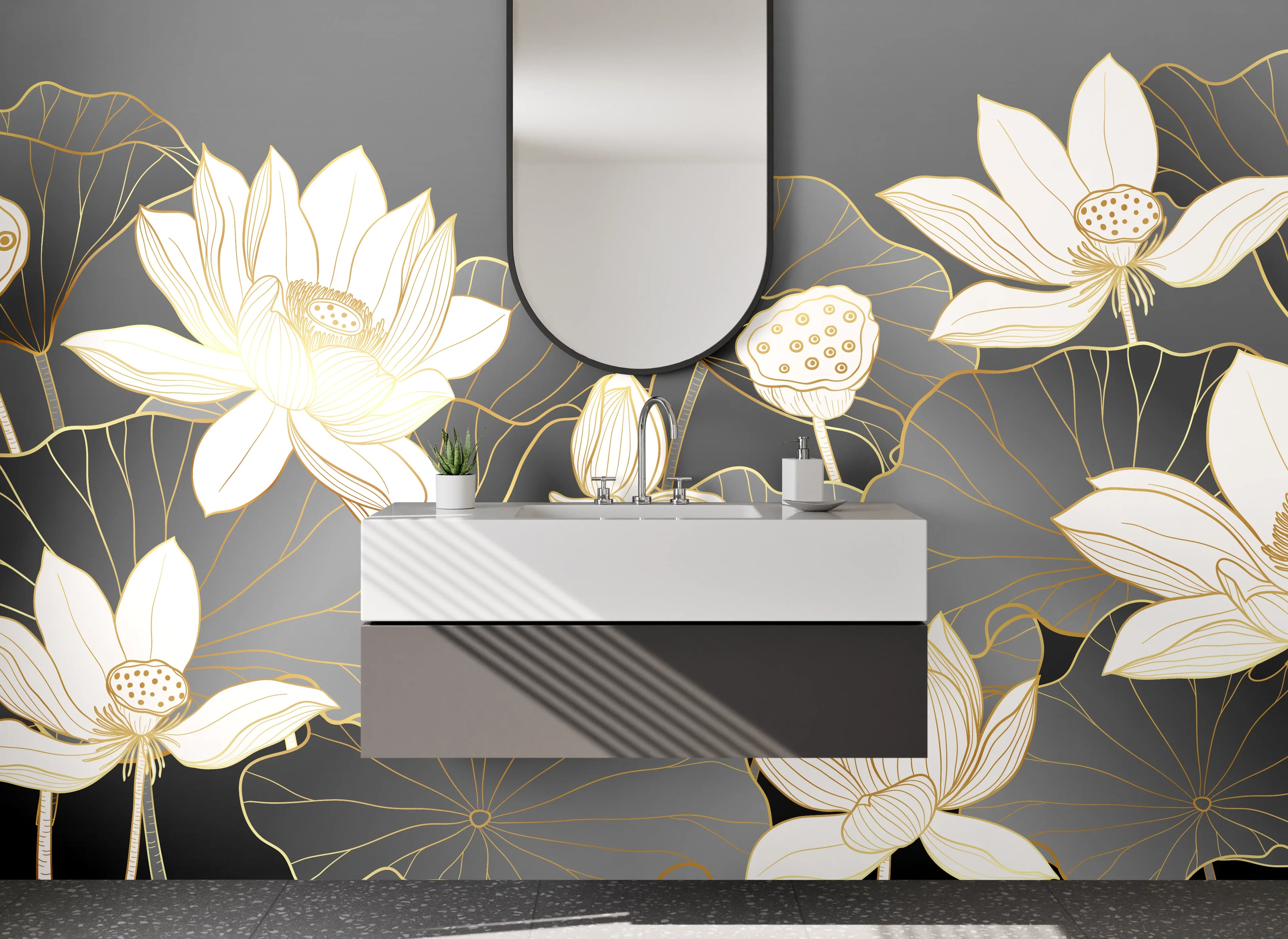 Waschbecken-Rückwand - Elegante Lotusblüten auf dunklem Hintergrund