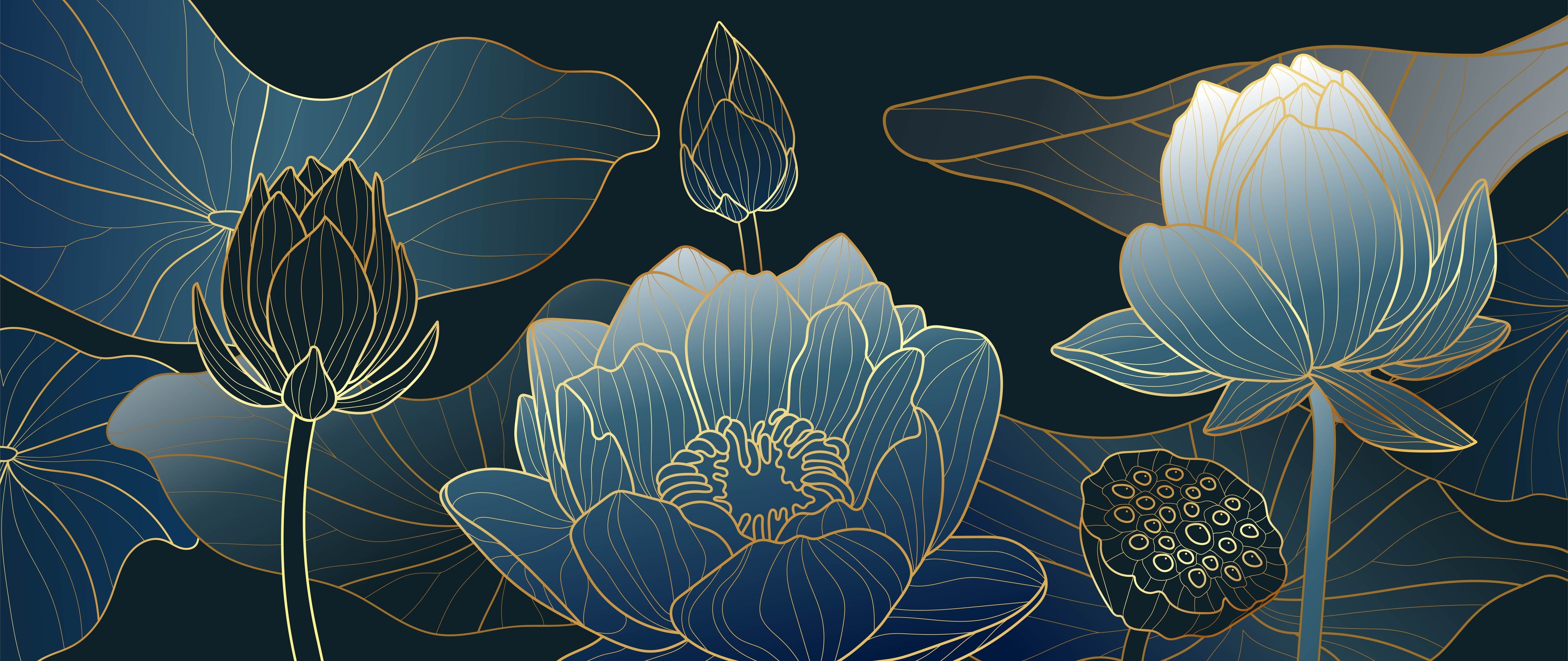 Waschbecken-Rückwand-Elegante Lotusblumen Lineart Blau Gold