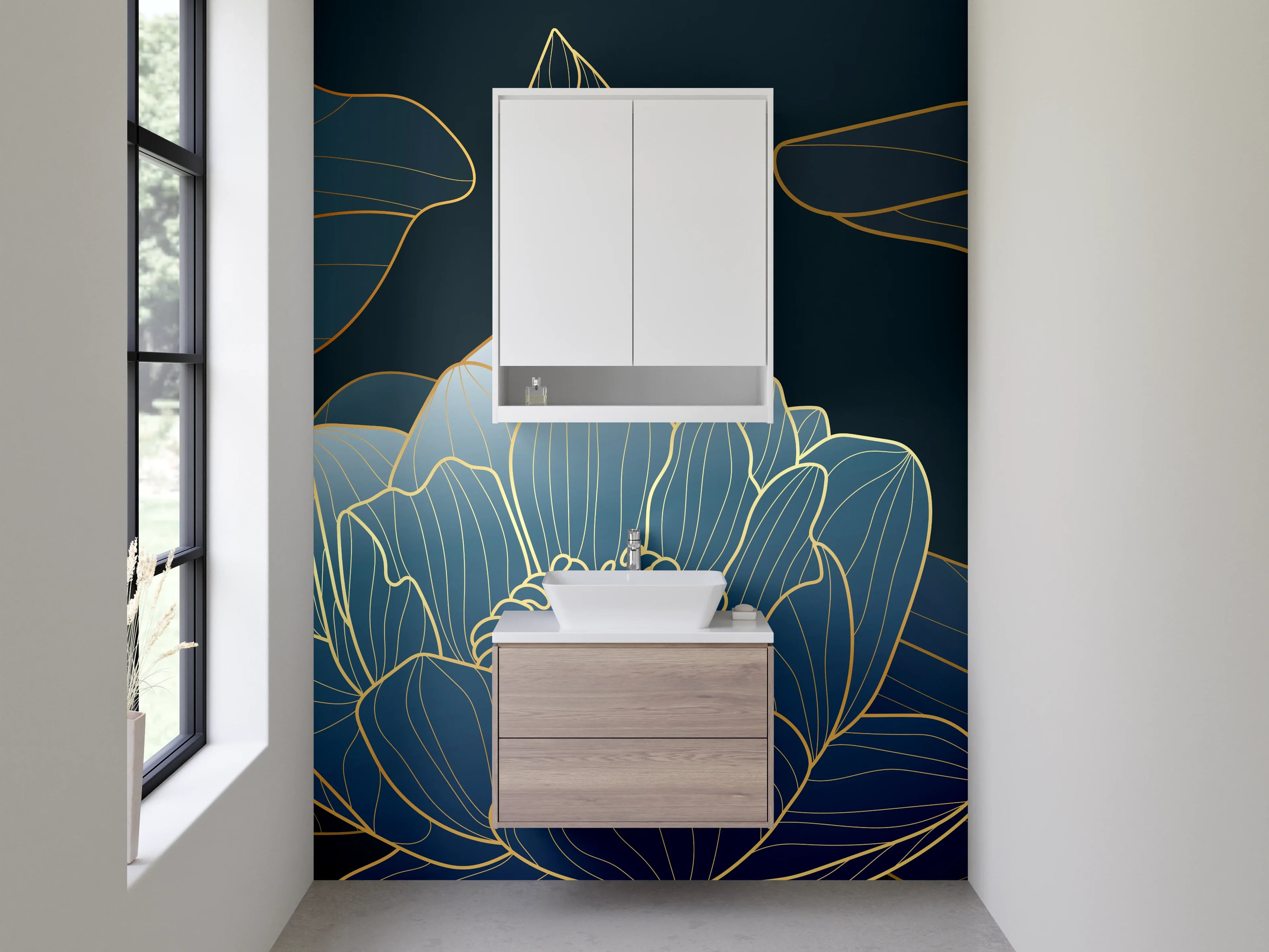 Waschbecken-Rückwand - Elegante Lotusblumen Lineart Blau Gold