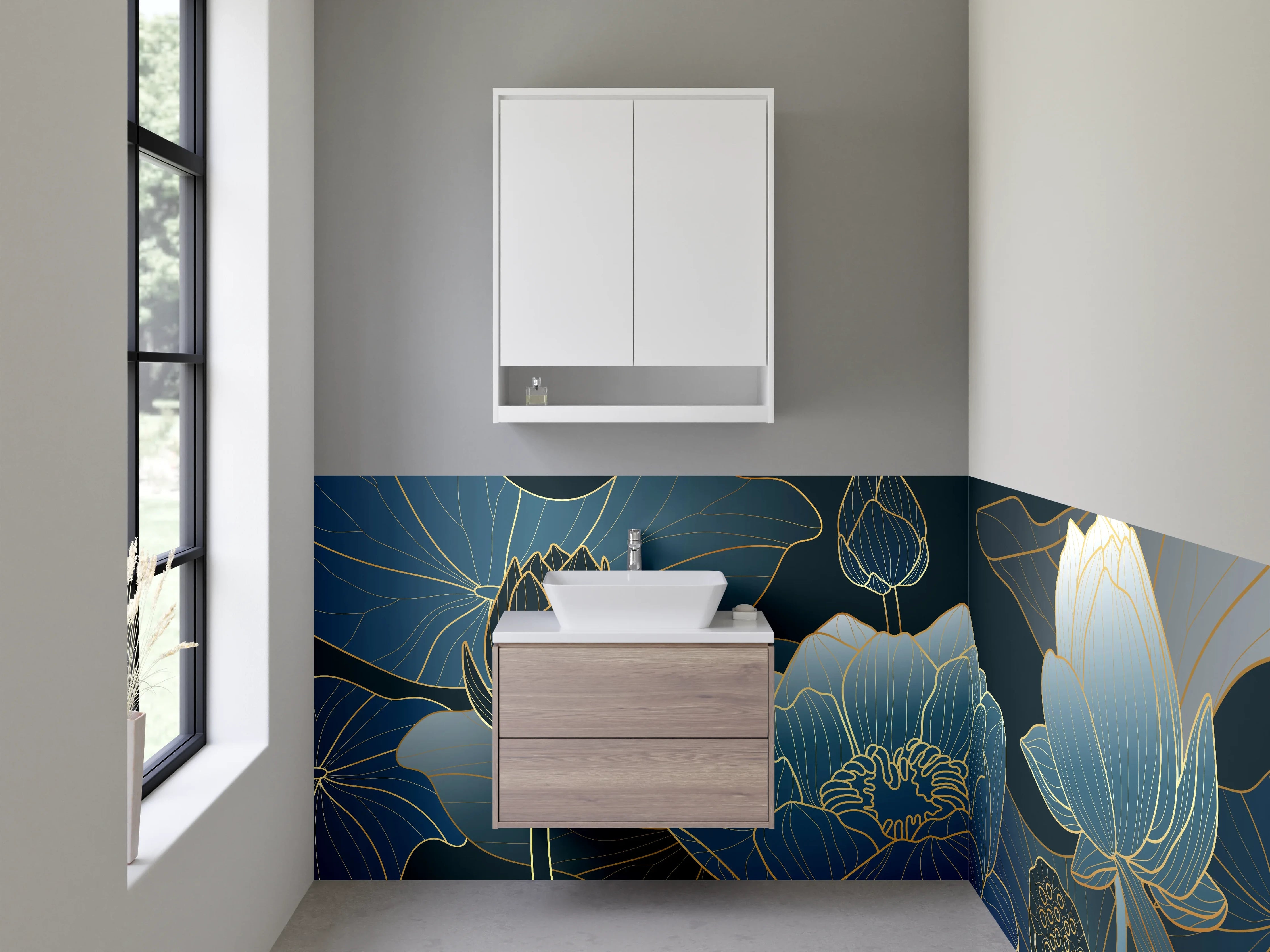 Waschbecken-Rückwand - Elegante Lotusblumen Lineart Blau Gold