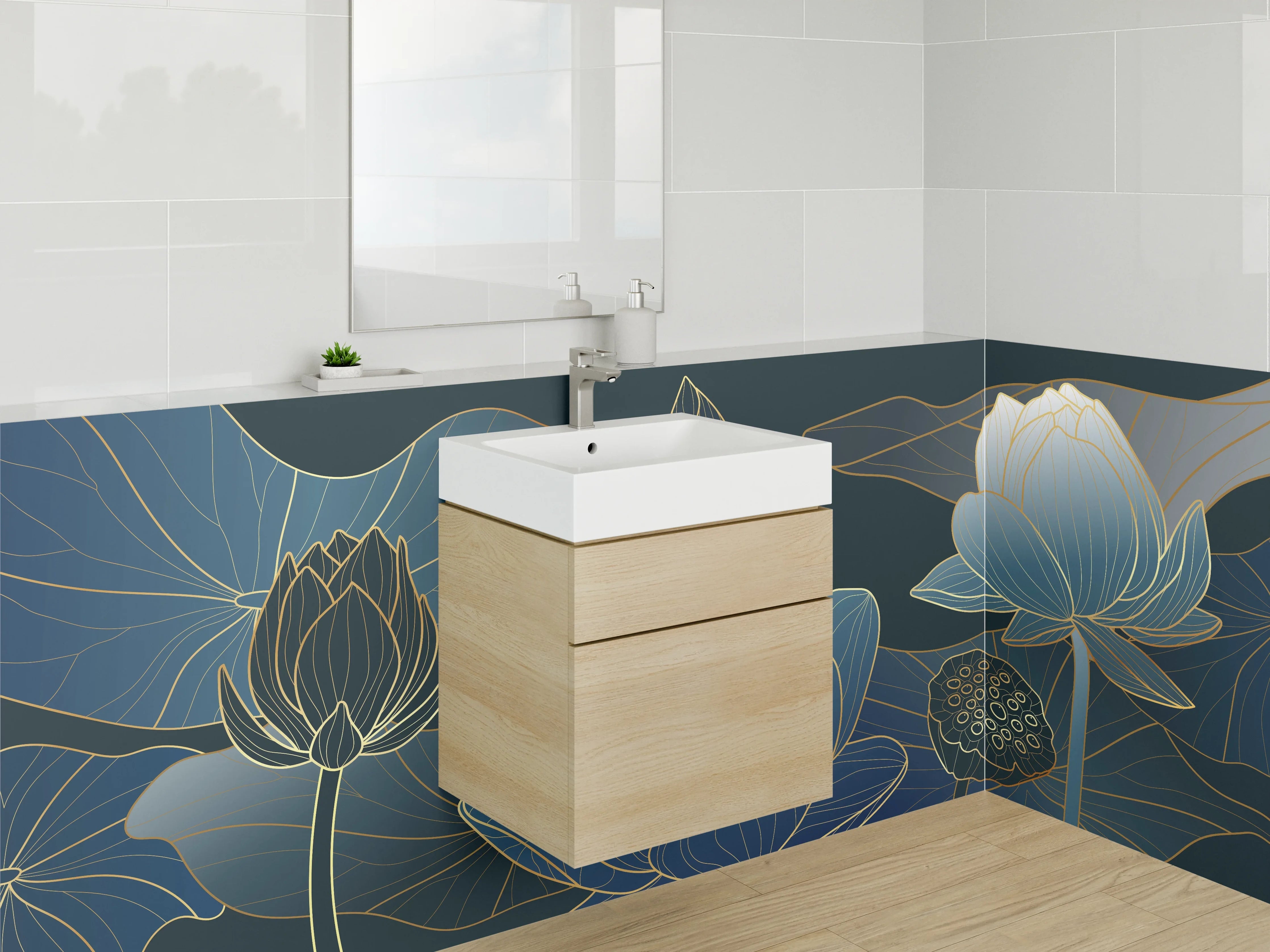 Waschbecken-Rückwand - Elegante Lotusblumen Lineart Blau Gold