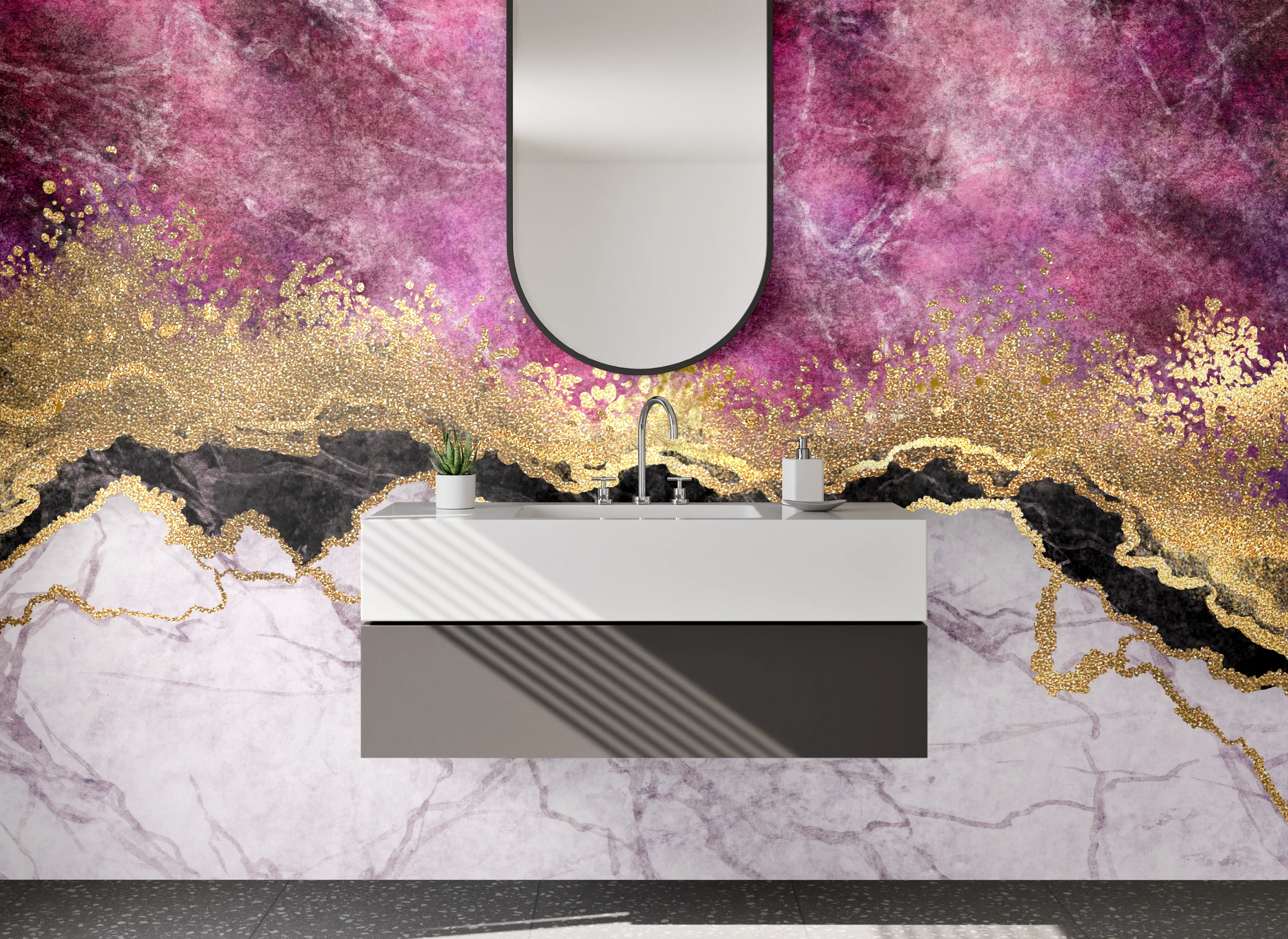 Waschbecken-Rückwand - Elegante Marmor-Optik mit Goldakzenten