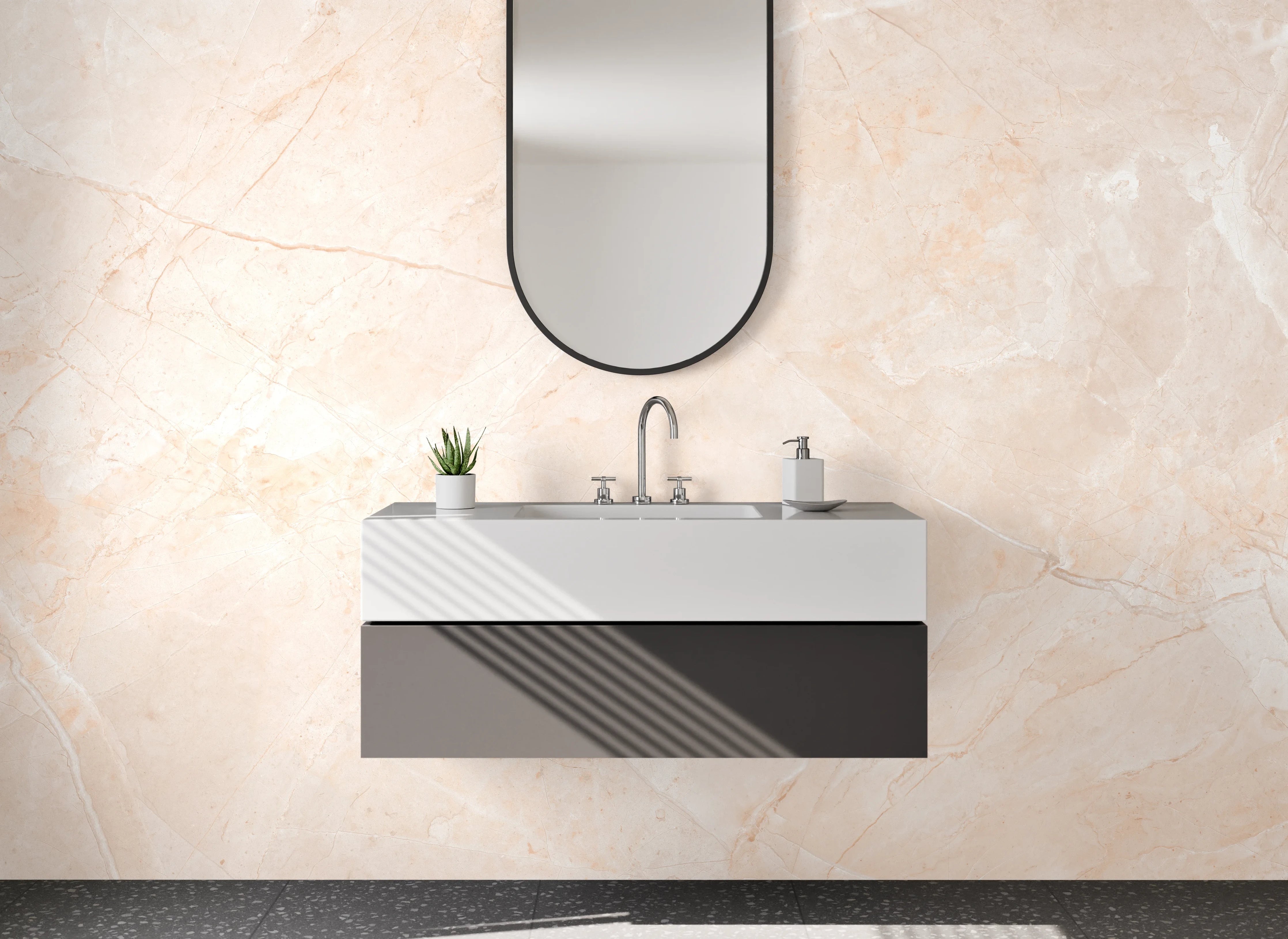 Waschbecken-Rückwand - Elegante Marmoroptik in Beige und Weiß