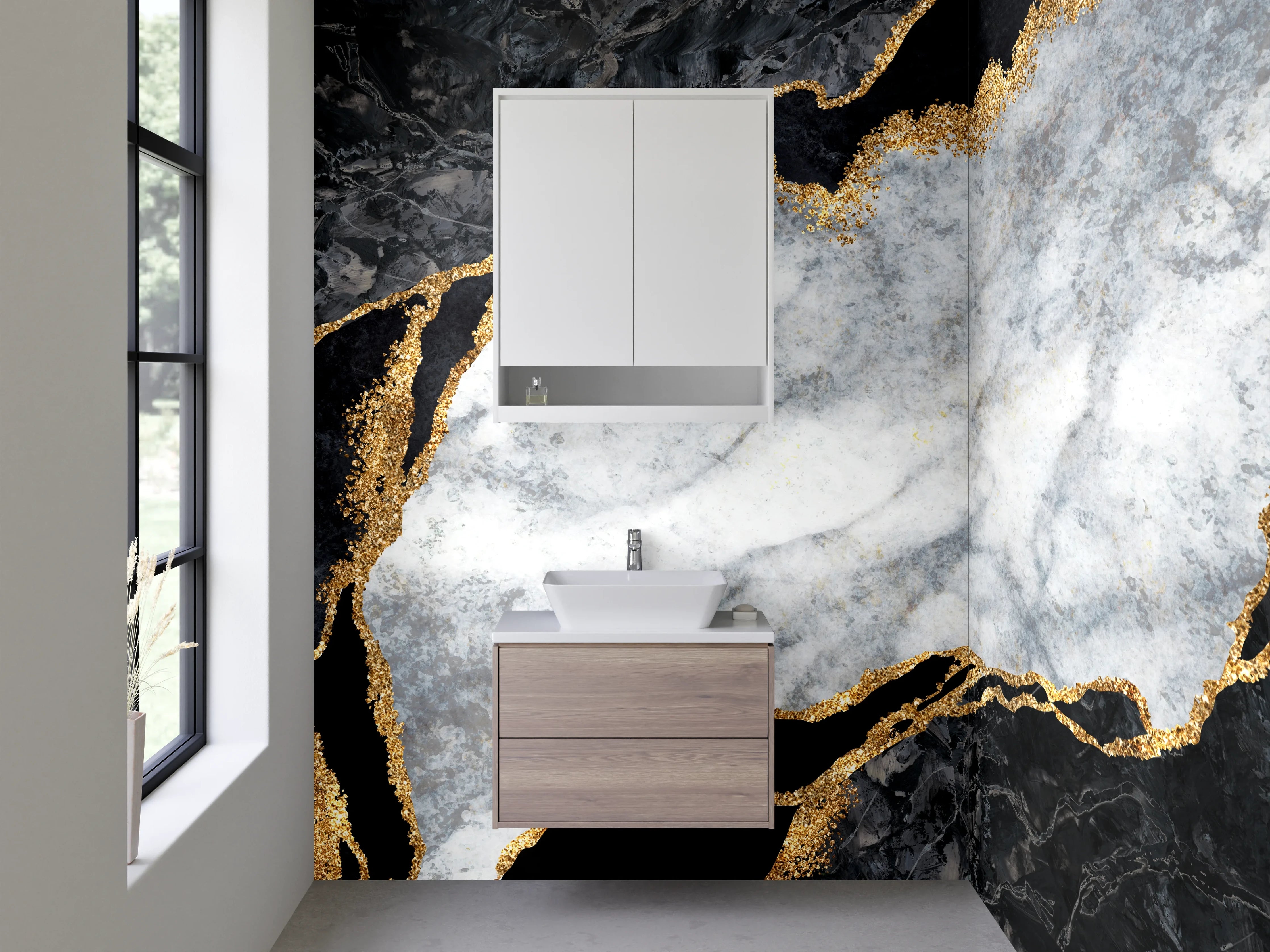 Waschbecken-Rückwand - Elegante Marmoroptik in Schwarz und Weiß