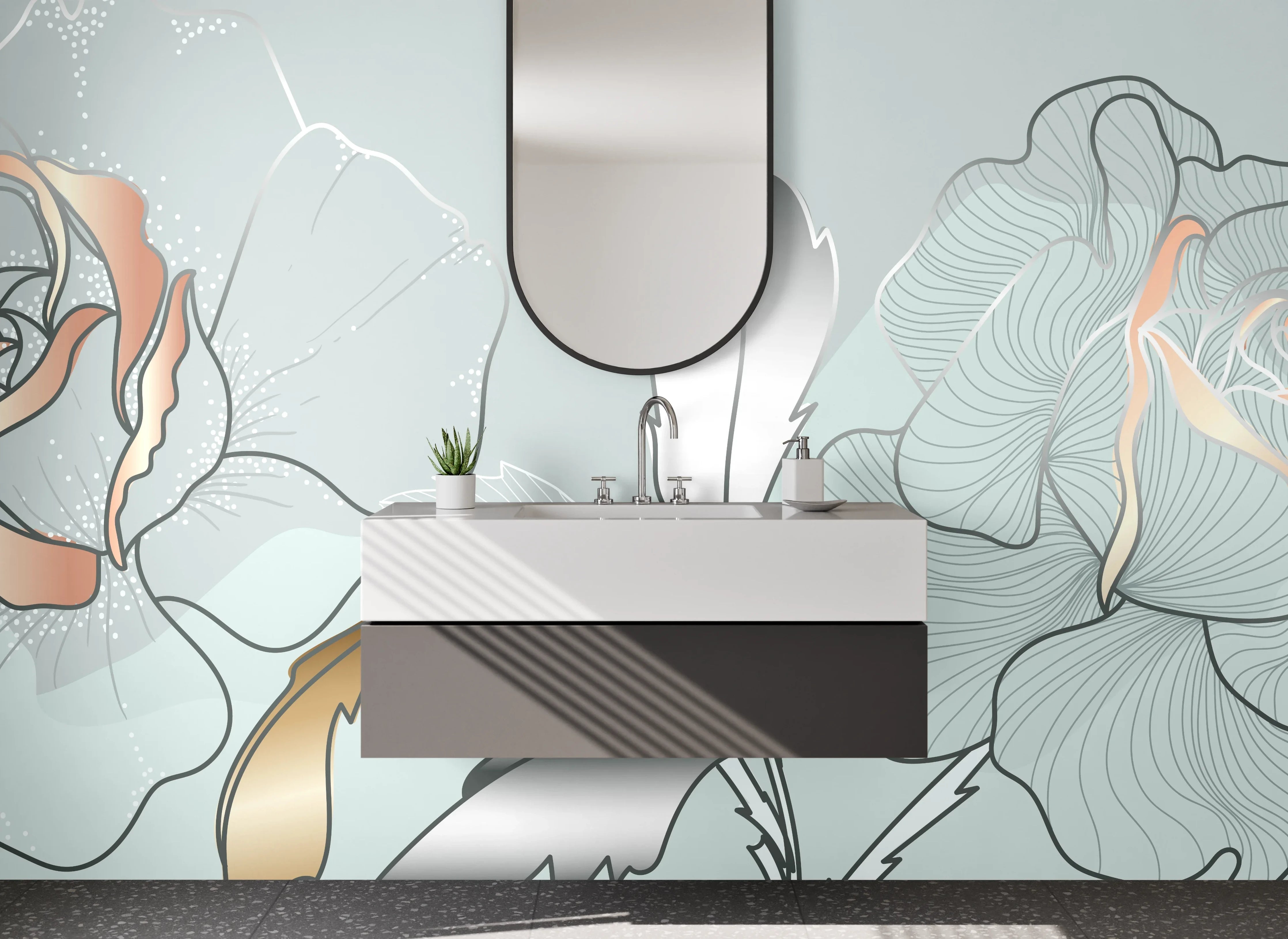 Waschbecken-Rückwand - Elegante Rosen Lineart Silber & Gold
