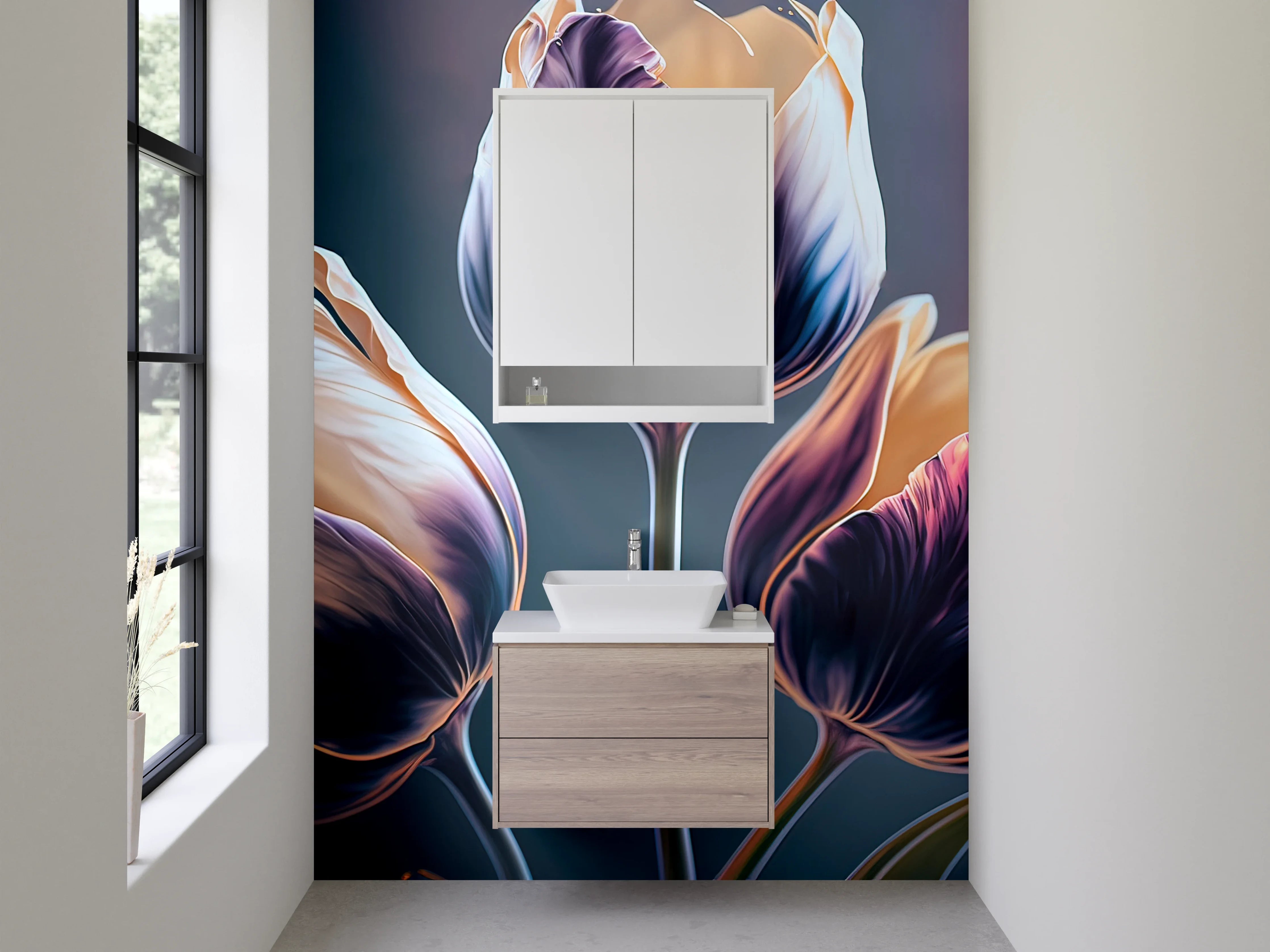 Waschbecken-Rückwand - Elegante Tulpen in Violett und Creme