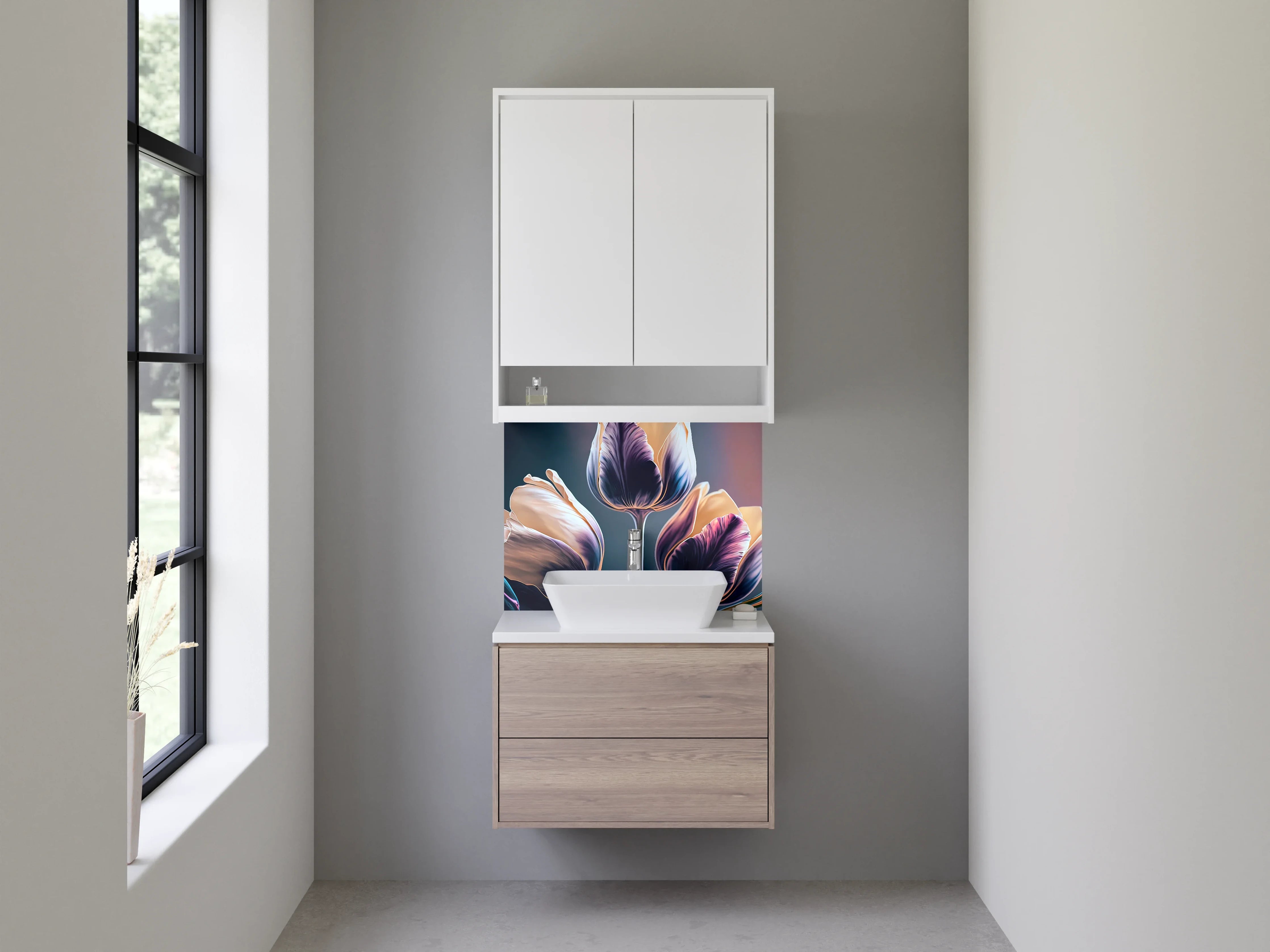 Waschbecken-Rückwand - Elegante Tulpen in Violett und Creme