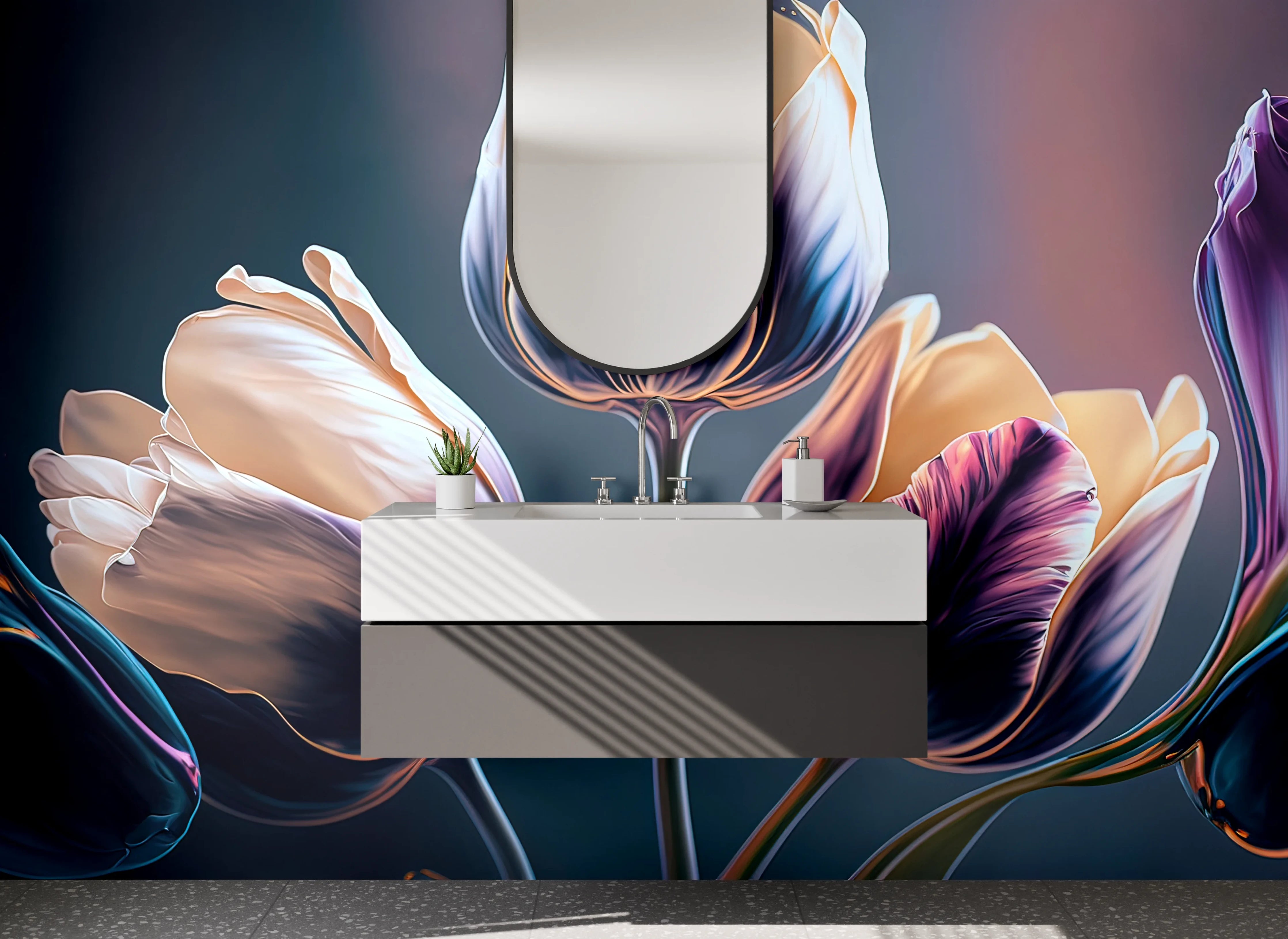 Waschbecken-Rückwand - Elegante Tulpen in Violett und Creme