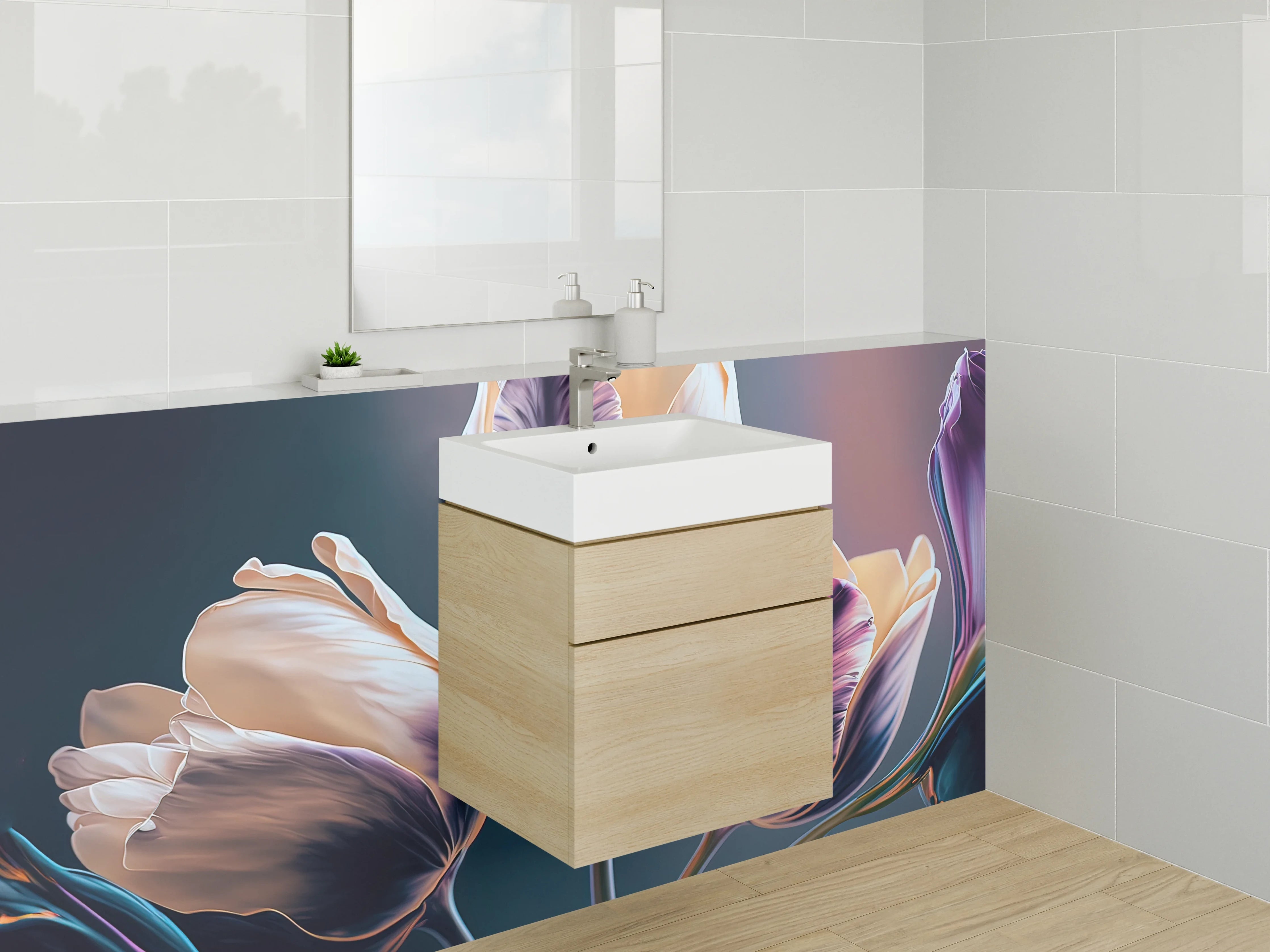 Waschbecken-Rückwand - Elegante Tulpen in Violett und Creme