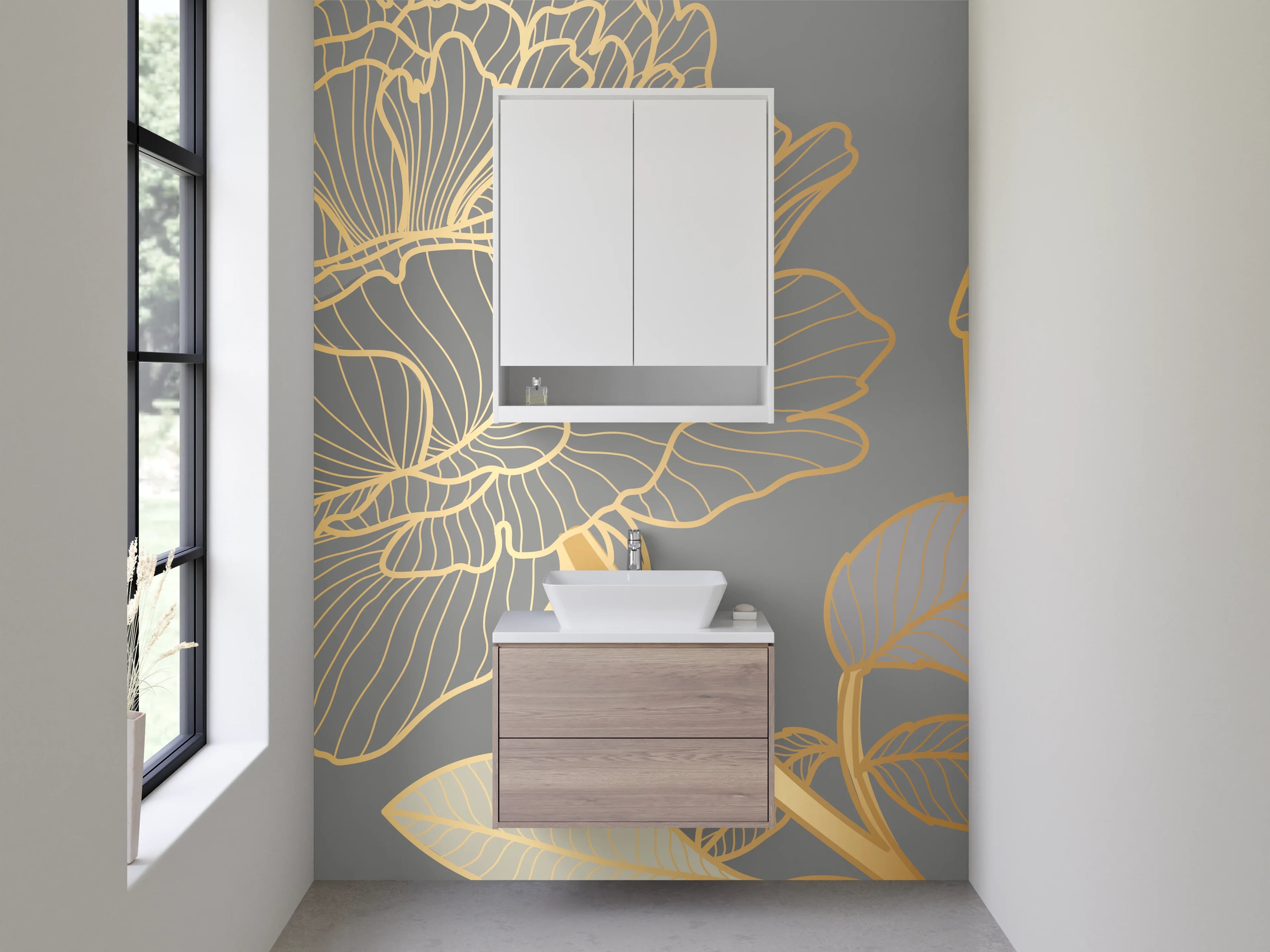 Waschbecken-Rückwand - Elegante Weißgold-Blüten auf Rauchgrau