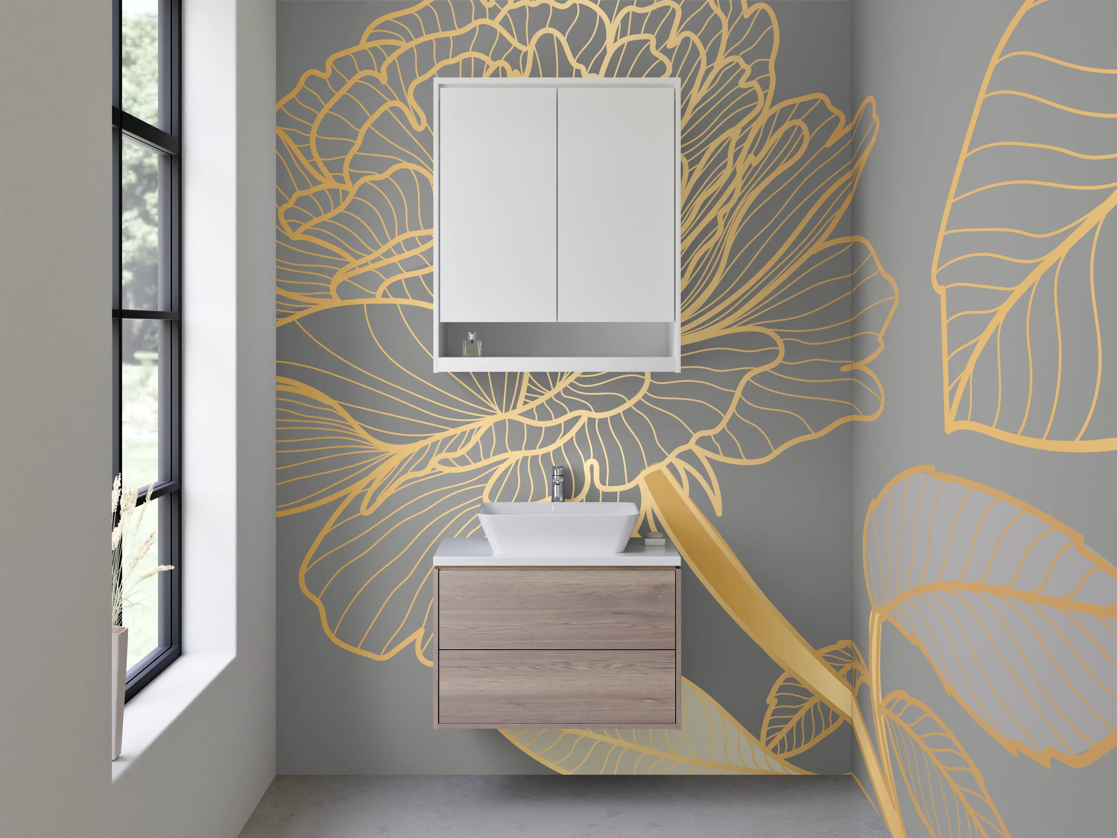Waschbecken-Rückwand - Elegante Weißgold-Blüten auf Rauchgrau