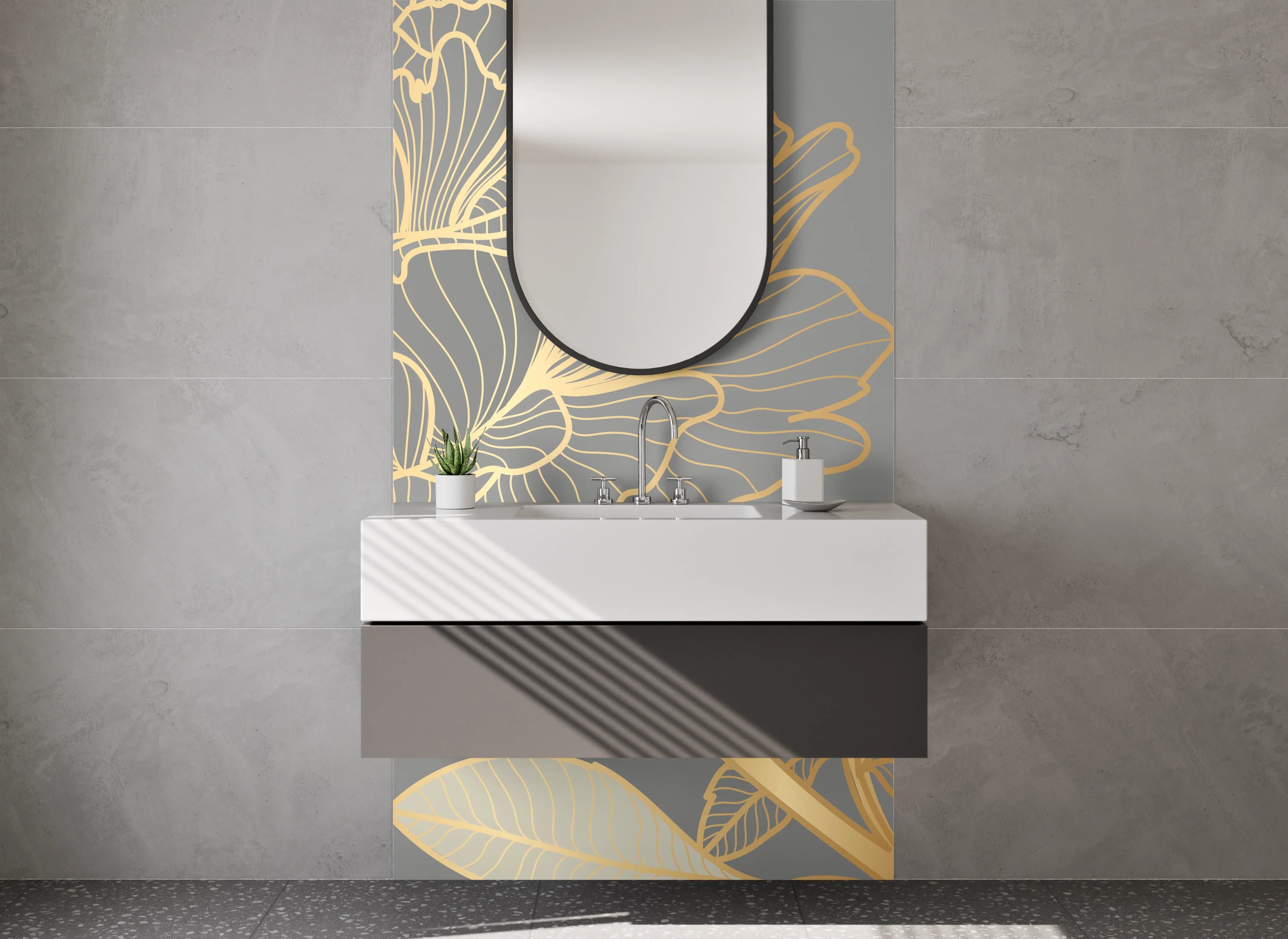 Waschbecken-Rückwand - Elegante Weißgold-Blüten auf Rauchgrau