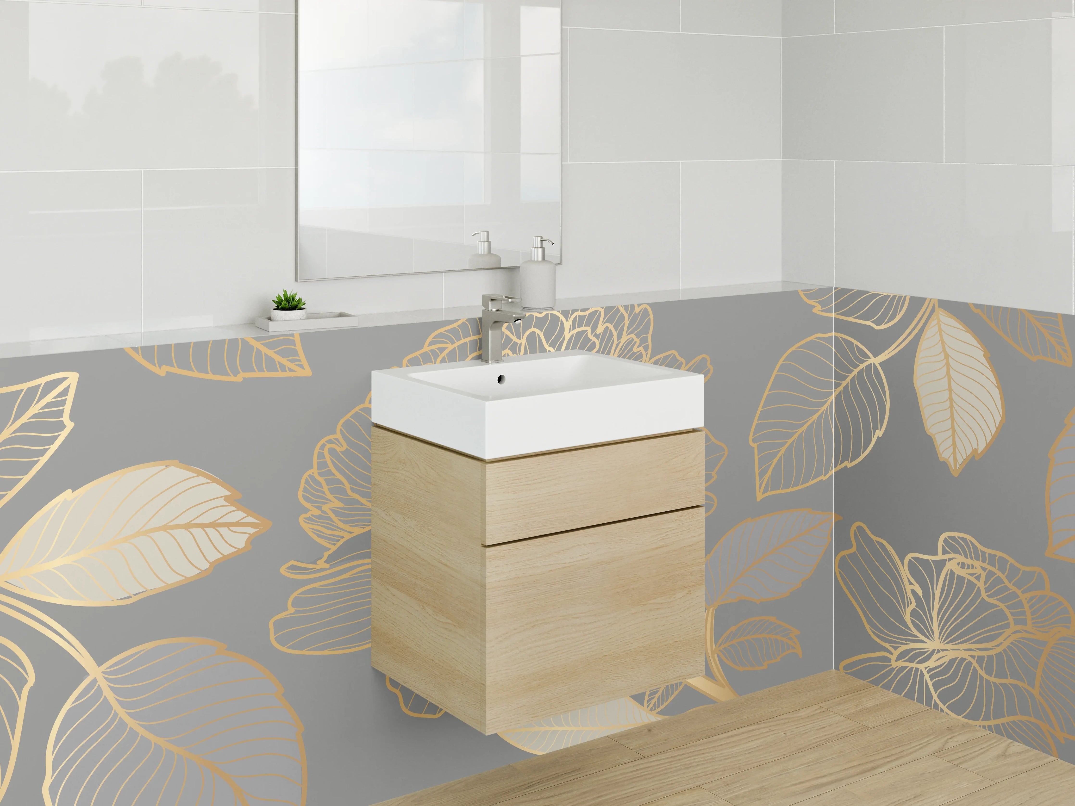 Waschbecken-Rückwand - Elegante Weißgold-Blüten auf Rauchgrau
