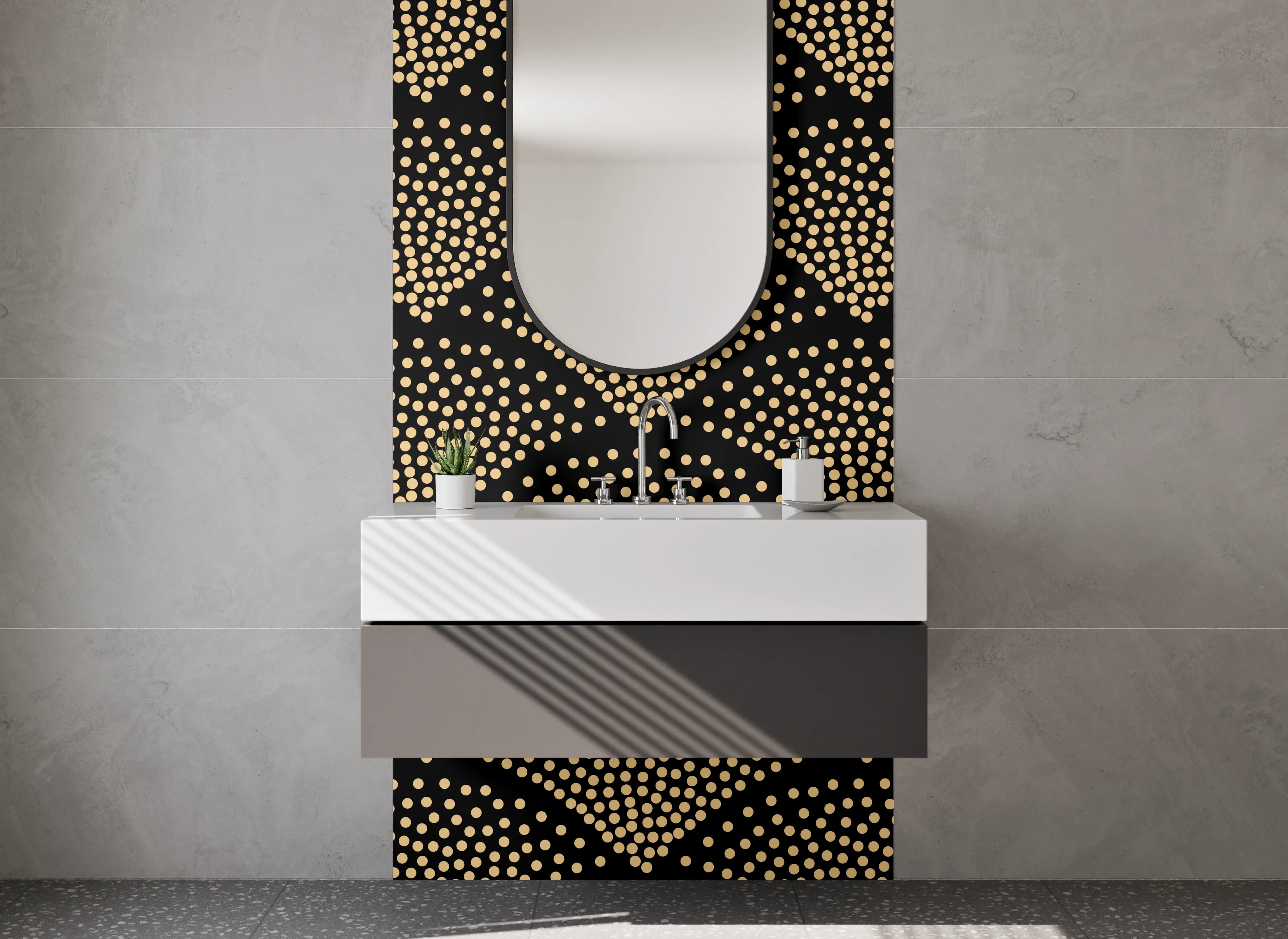 Waschbecken-Rückwand - Elegante Wellen in Schwarz, Gold und Grau