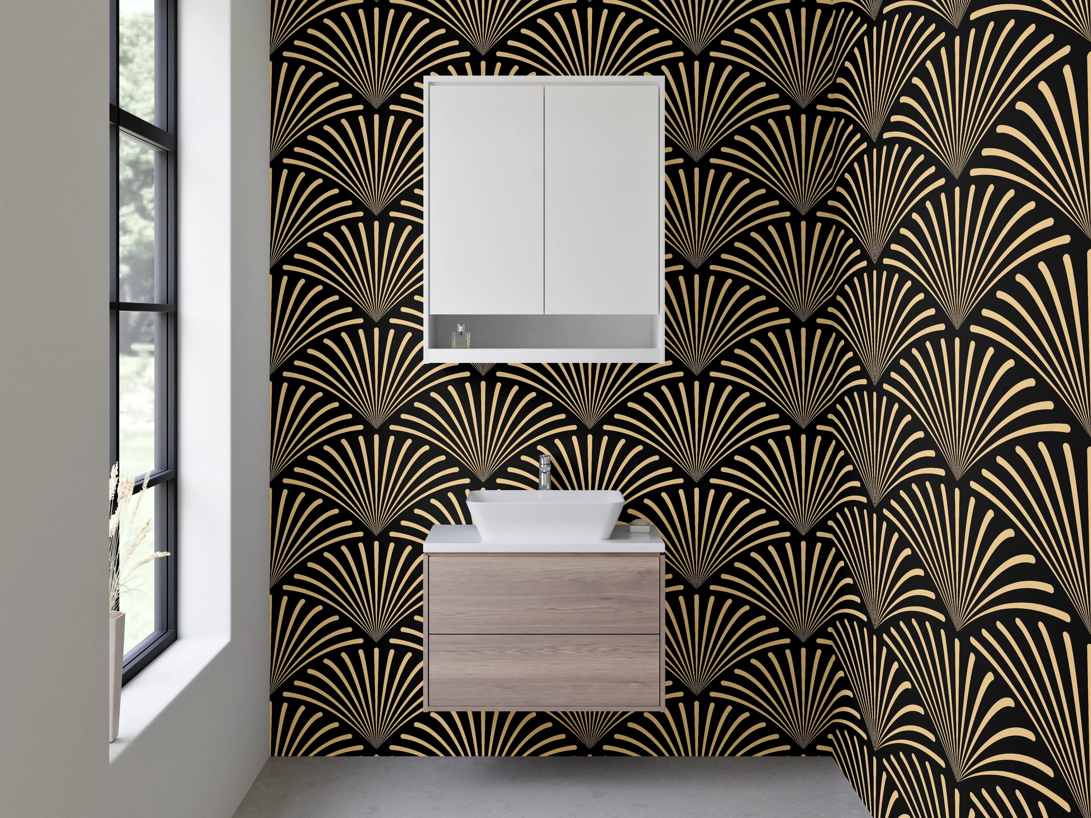 Waschbecken-Rückwand - Elegante Wellenkunst in Schwarz-Gold-Grau