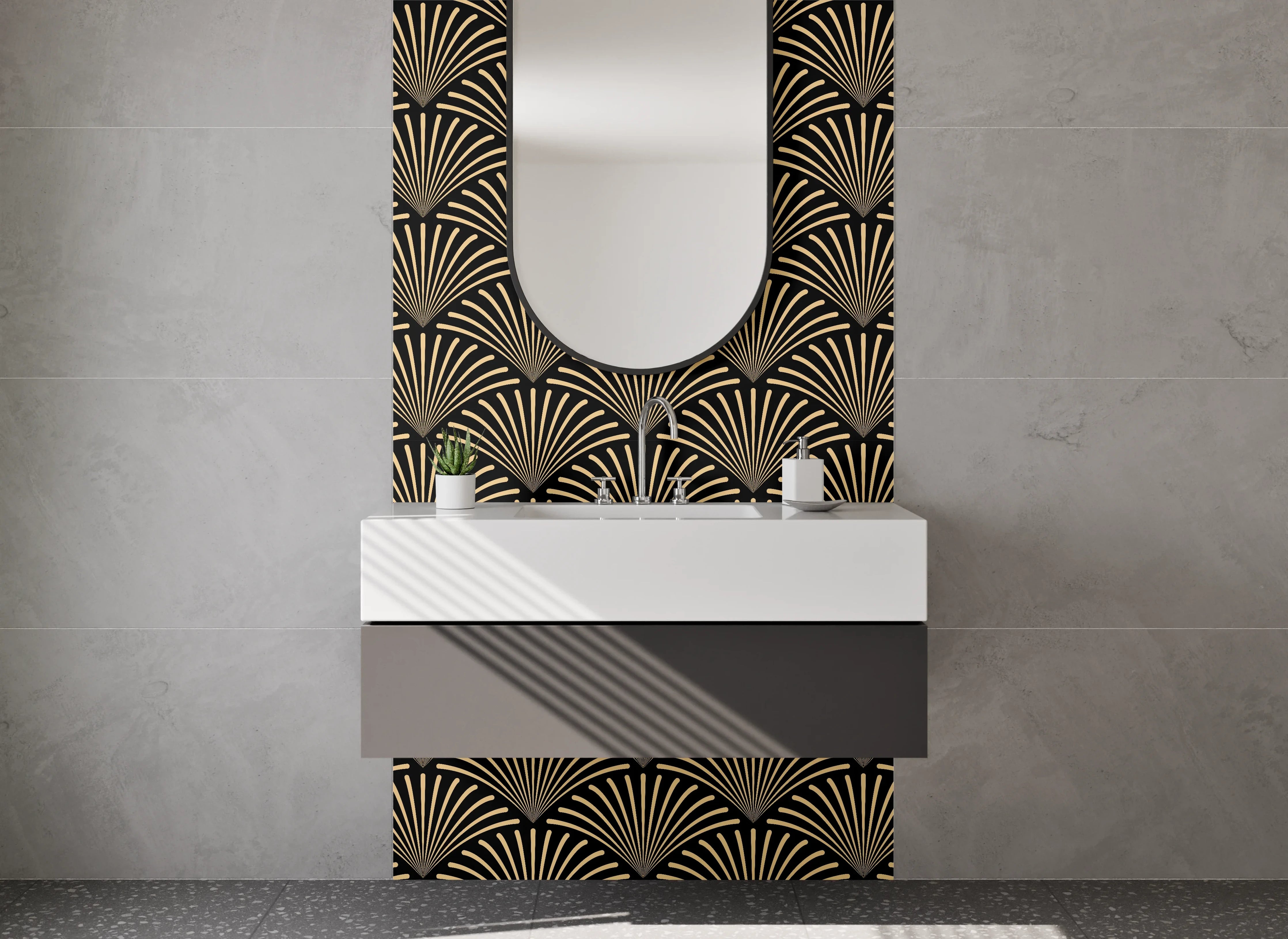 Waschbecken-Rückwand - Elegante Wellenkunst in Schwarz-Gold-Grau
