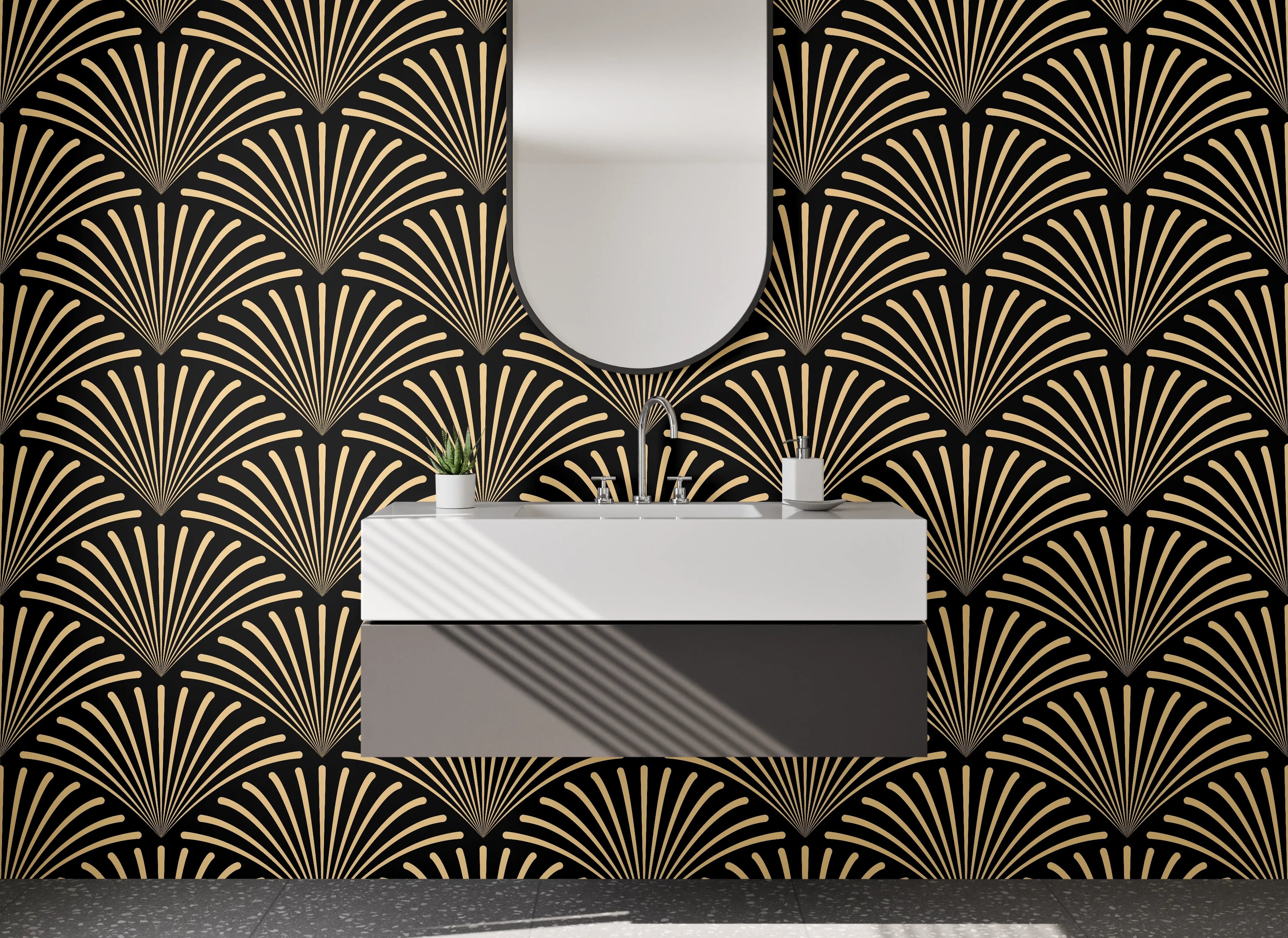 Waschbecken-Rückwand - Elegante Wellenkunst in Schwarz-Gold-Grau