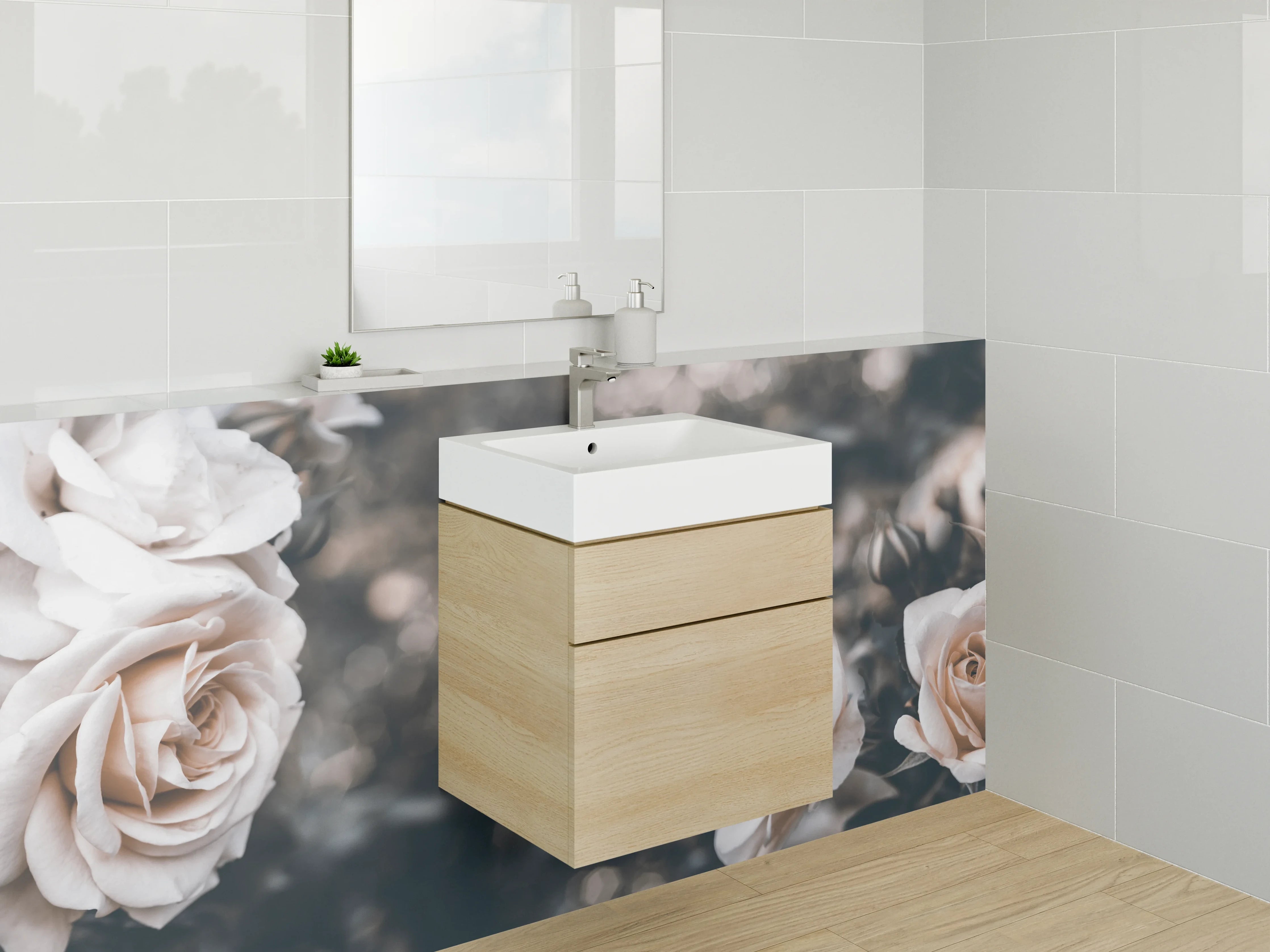Waschbecken-Rückwand - Elegante cremeweiße Rosenblüten