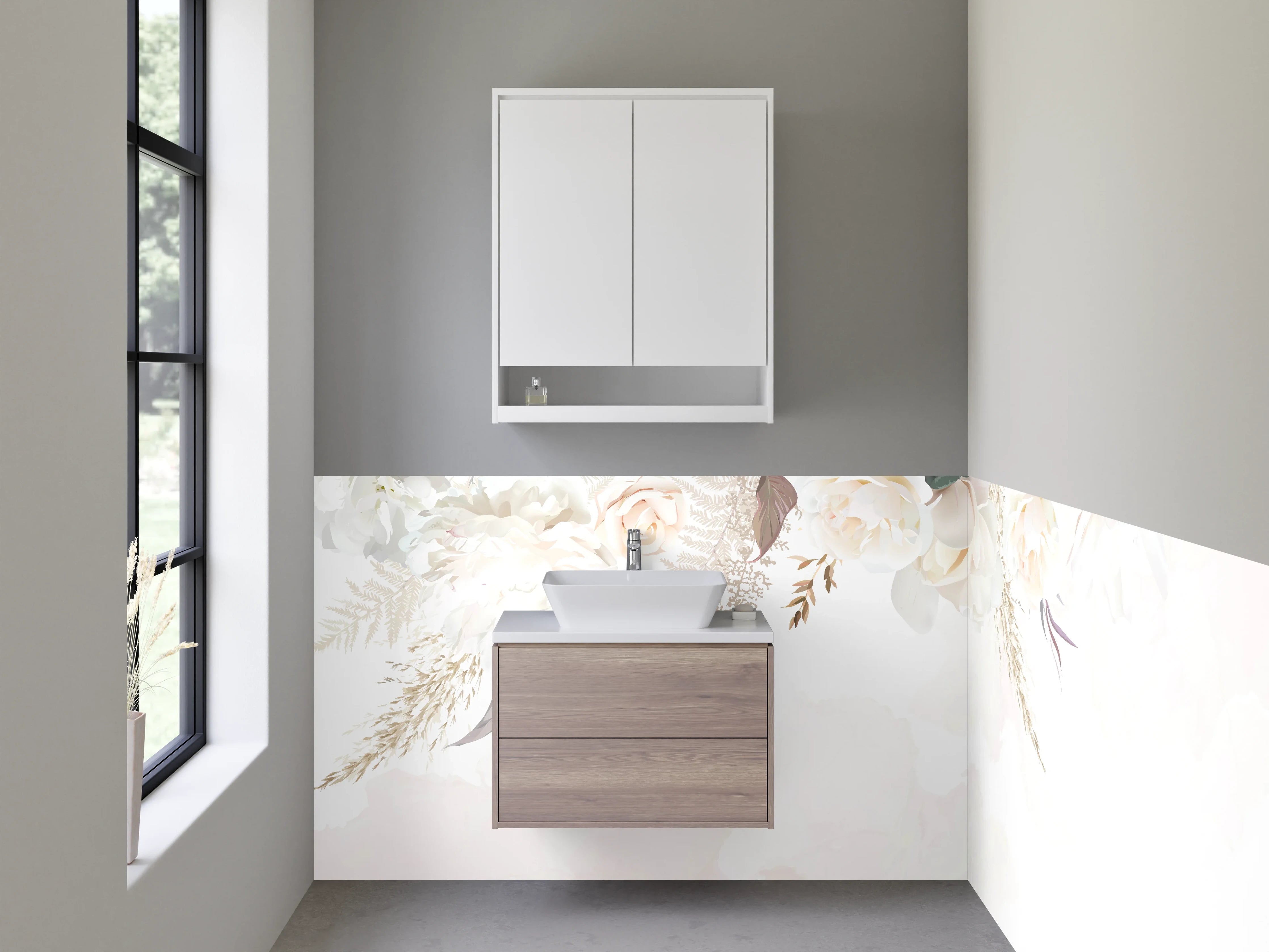 Waschbecken-Rückwand - Elegante florale Aquarellkunst Weiß Beige