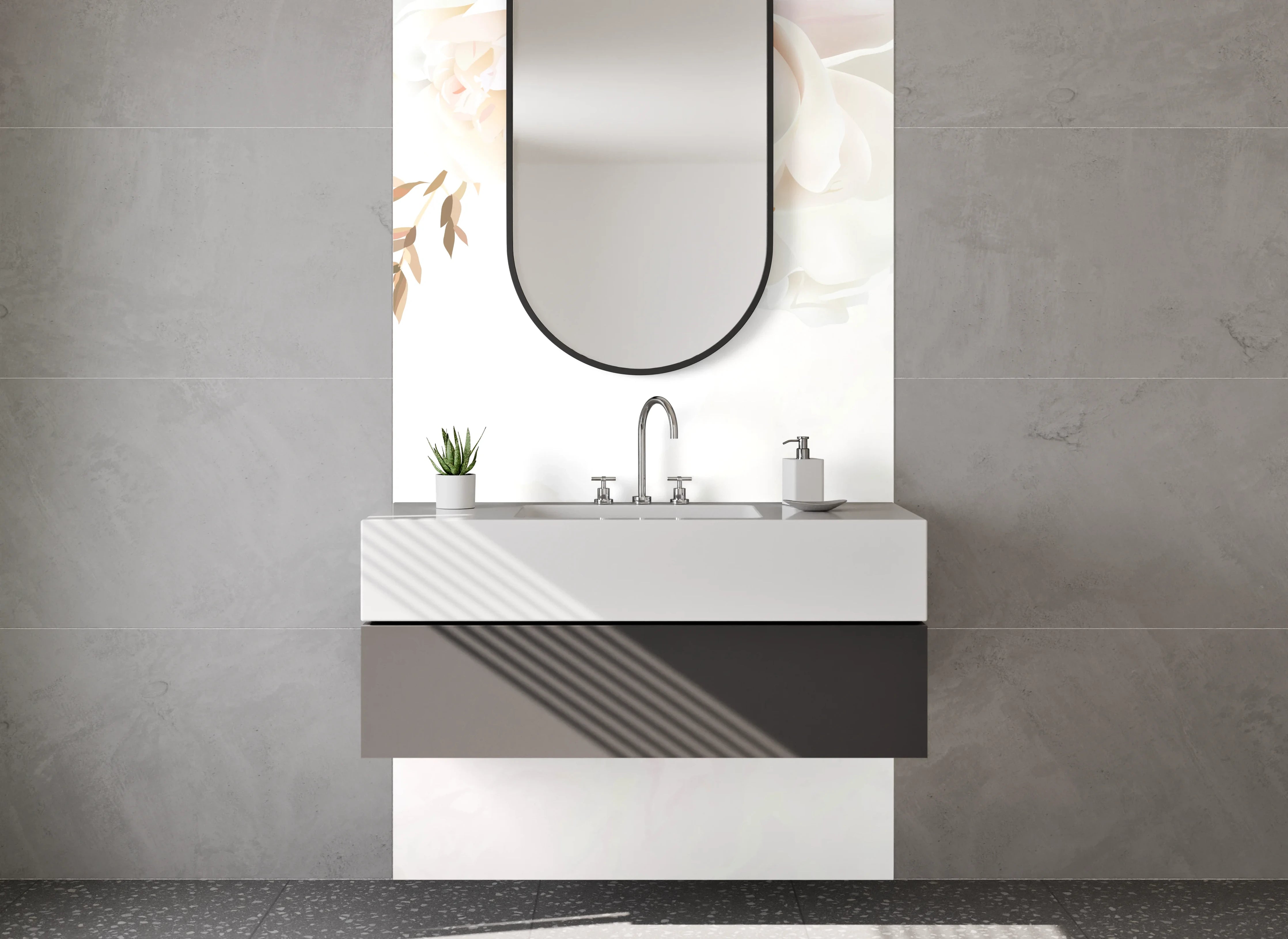 Waschbecken-Rückwand - Elegante florale Aquarellkunst Weiß Beige