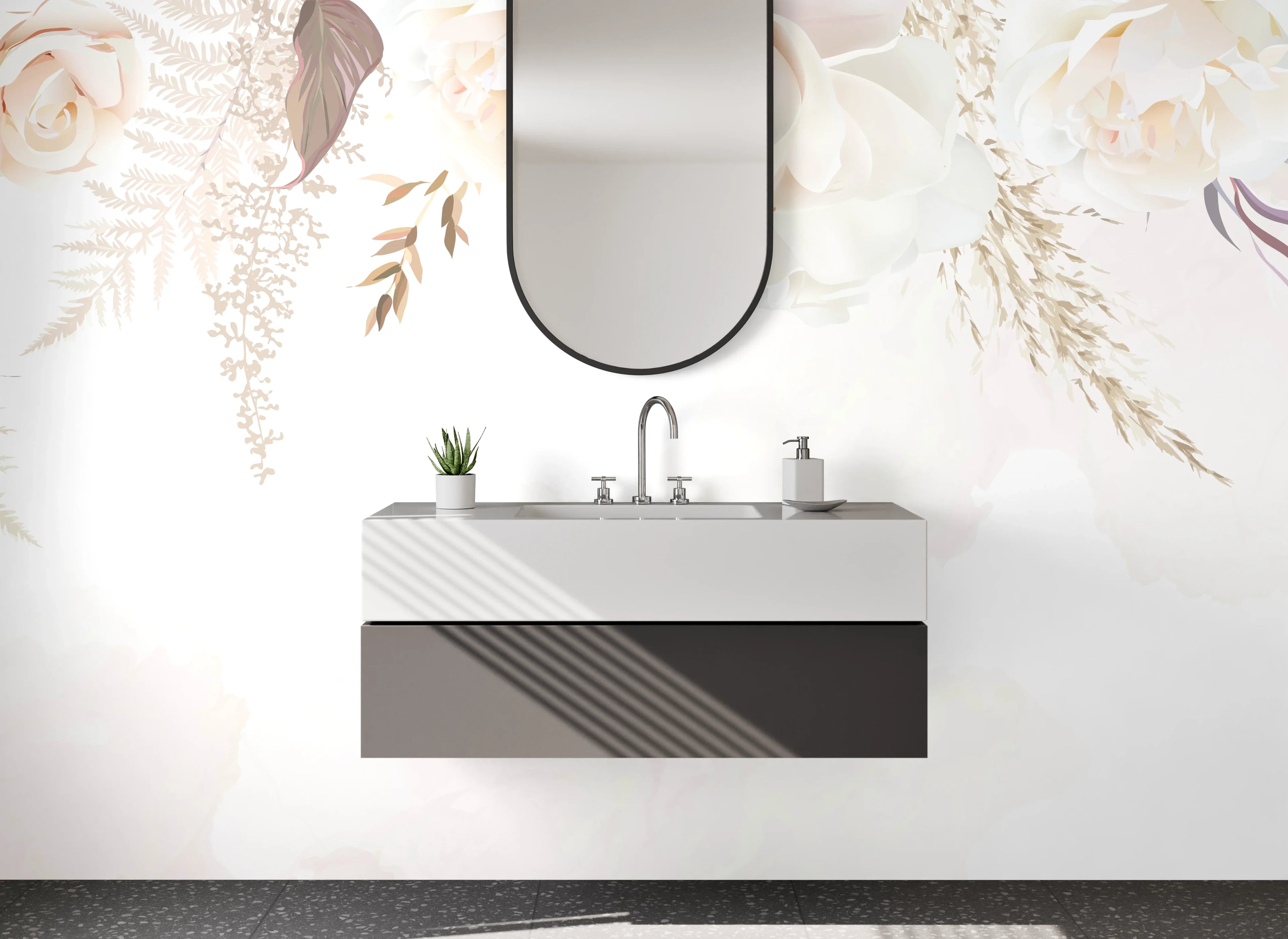 Waschbecken-Rückwand - Elegante florale Aquarellkunst Weiß Beige