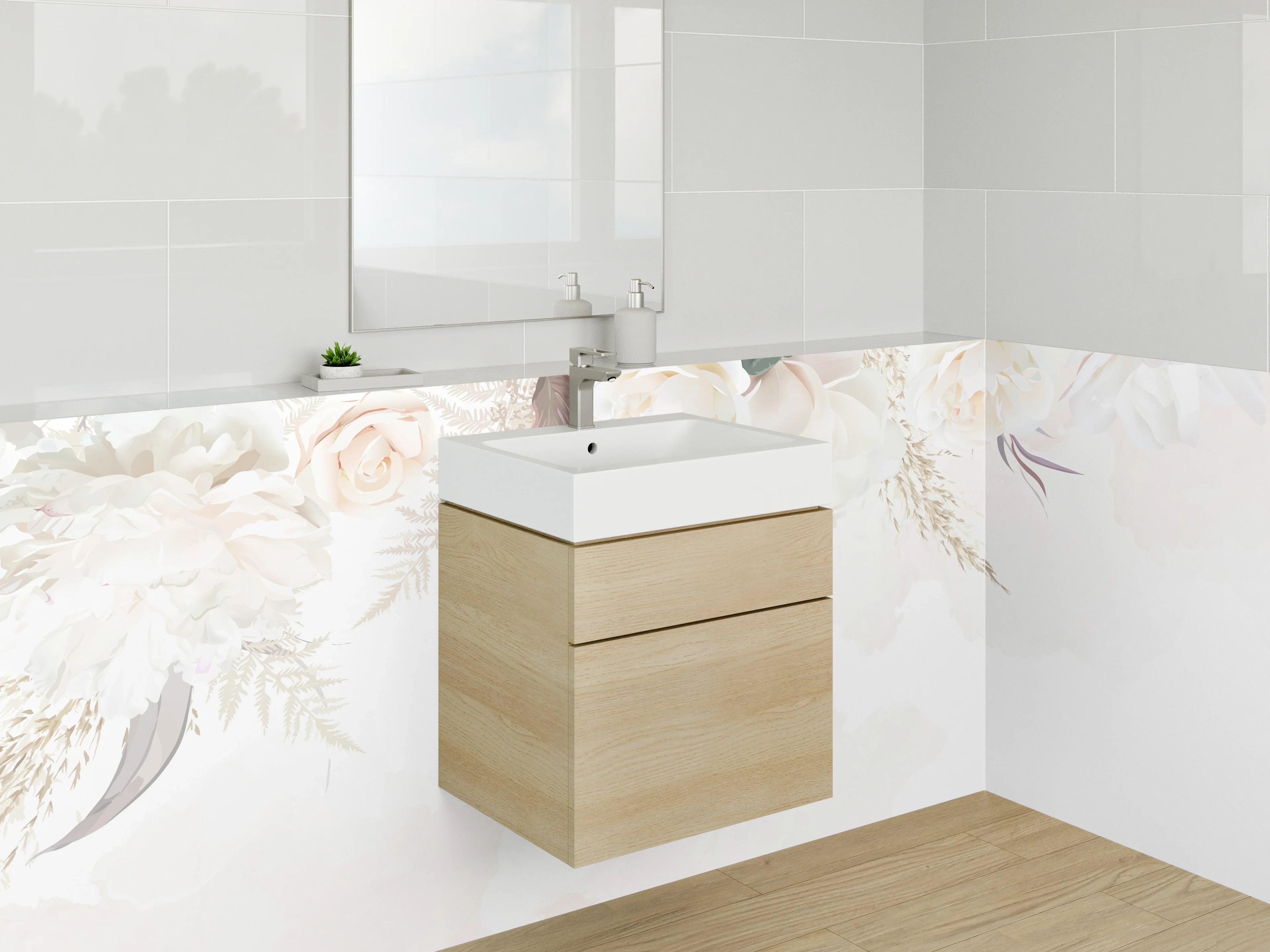 Waschbecken-Rückwand - Elegante florale Aquarellkunst Weiß Beige