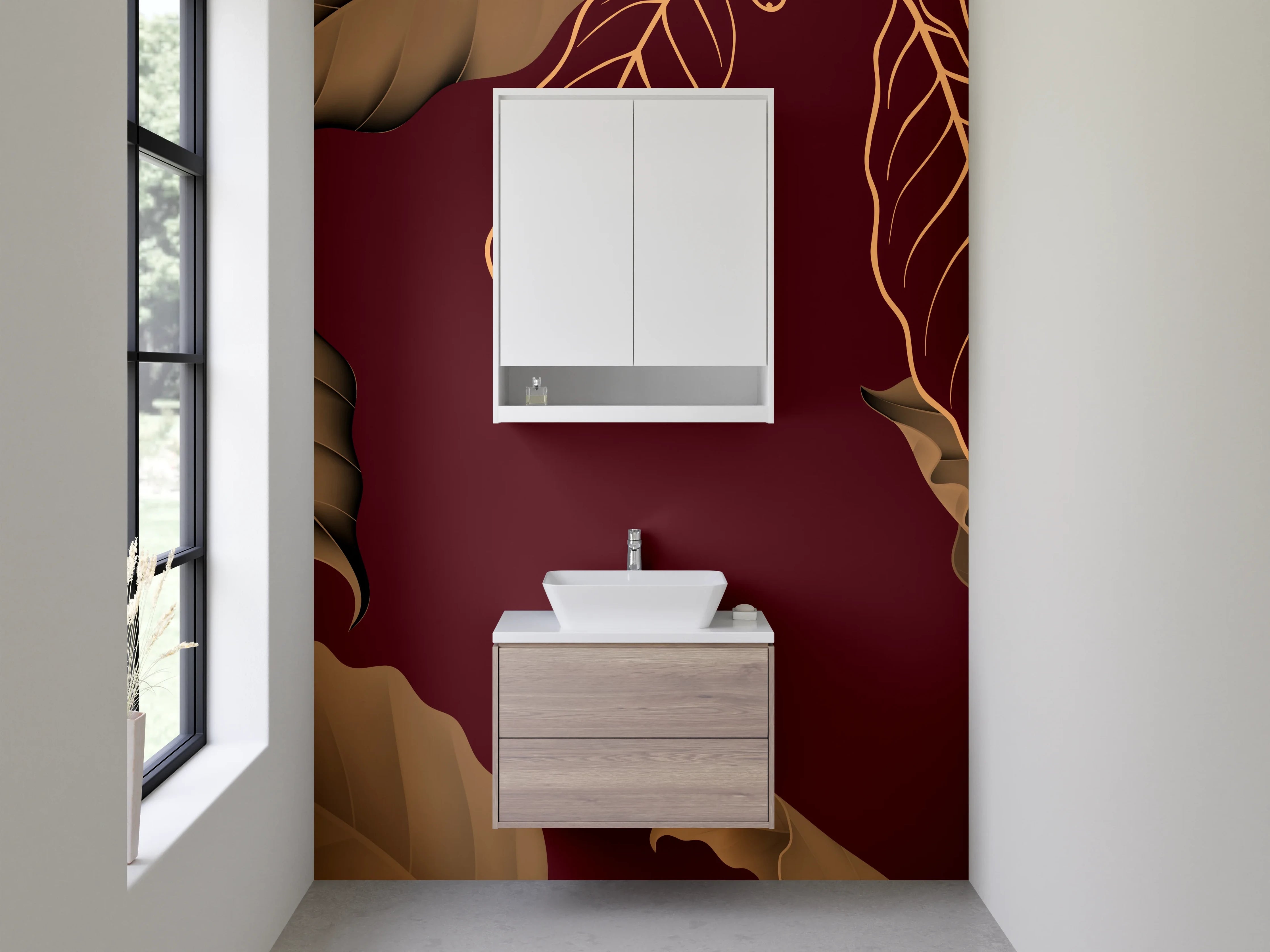 Waschbecken-Rückwand - Elegante florale Blätter auf Bordeaux