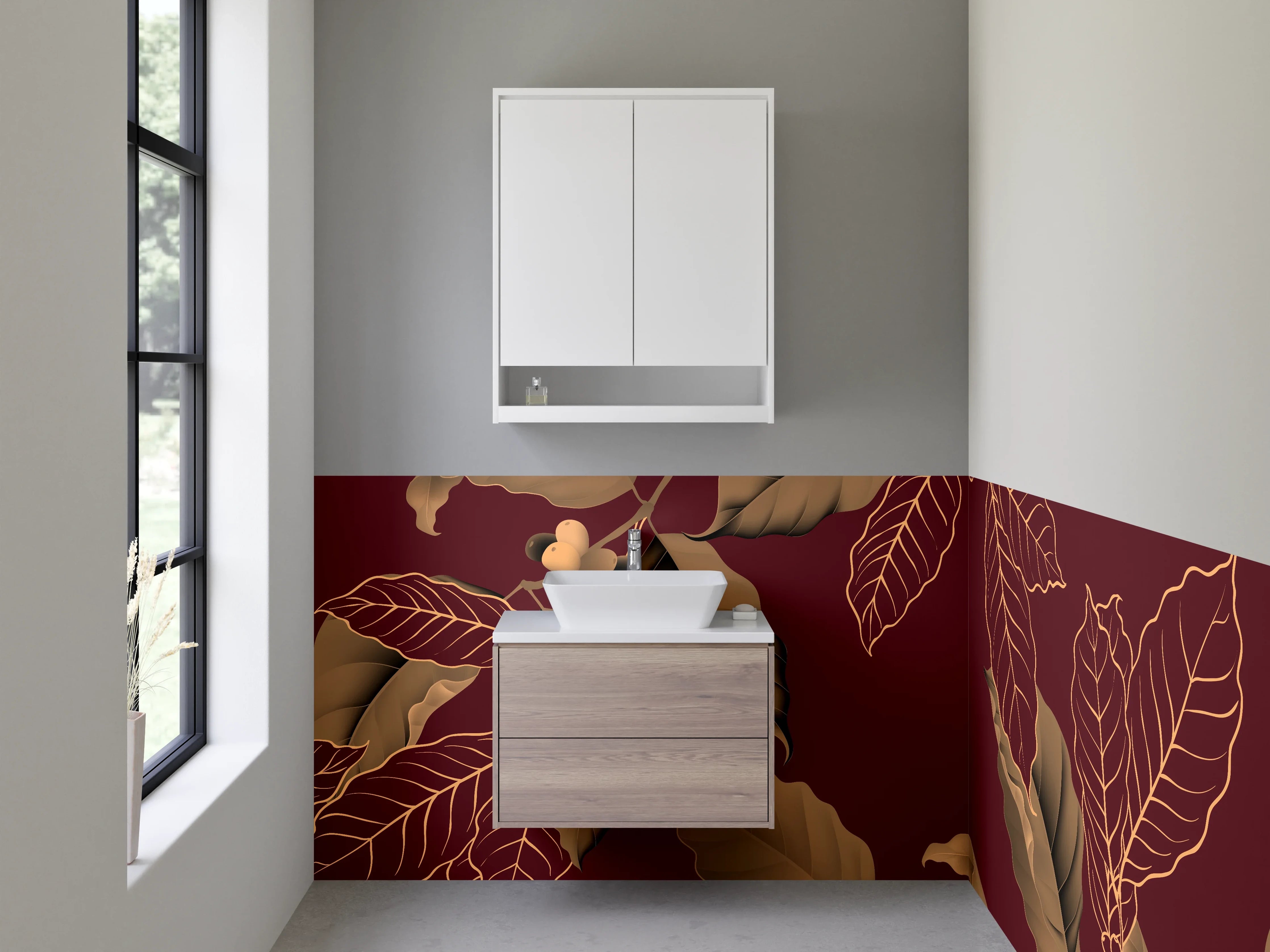 Waschbecken-Rückwand - Elegante florale Blätter auf Bordeaux