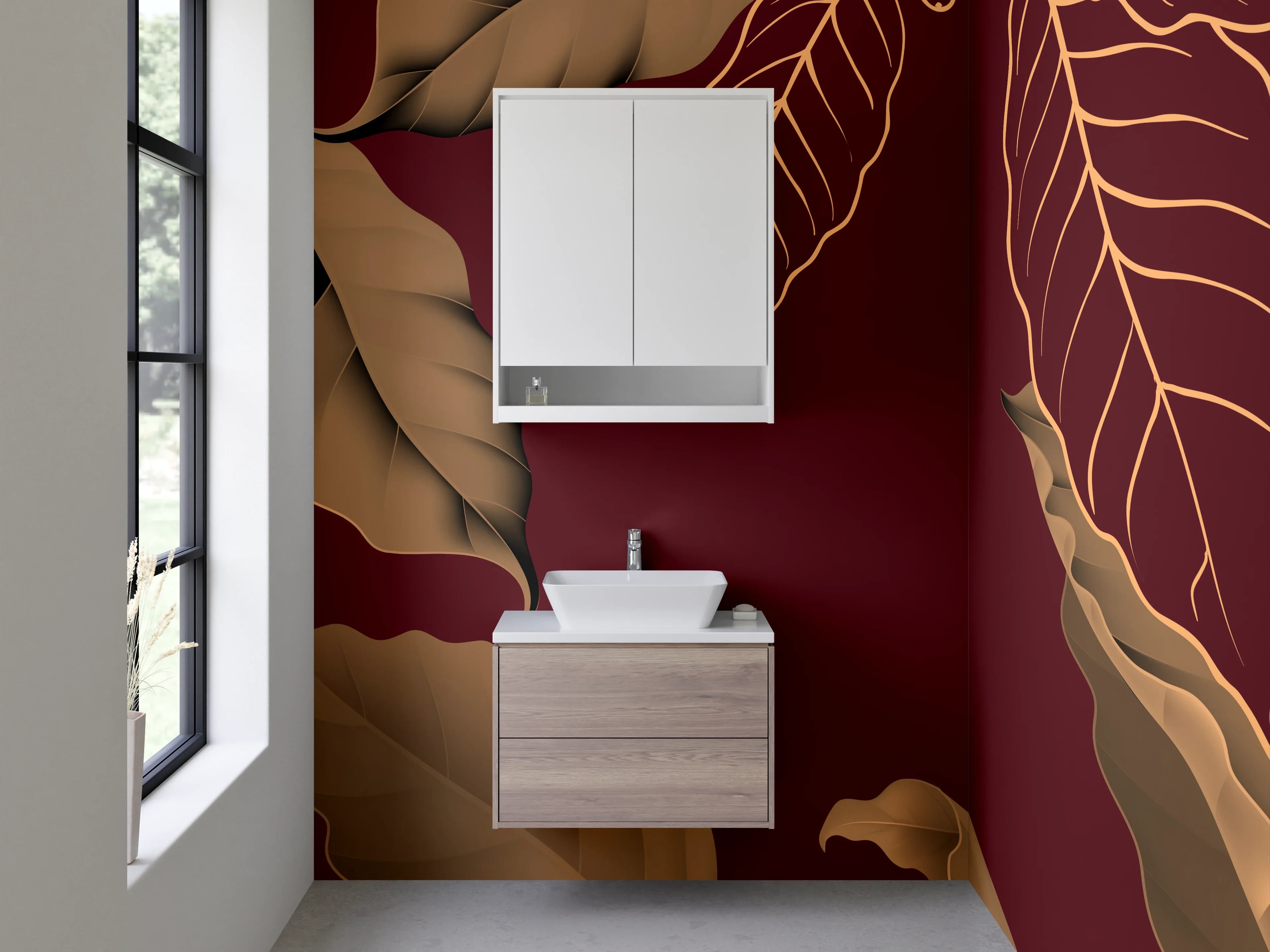 Waschbecken-Rückwand - Elegante florale Blätter auf Bordeaux
